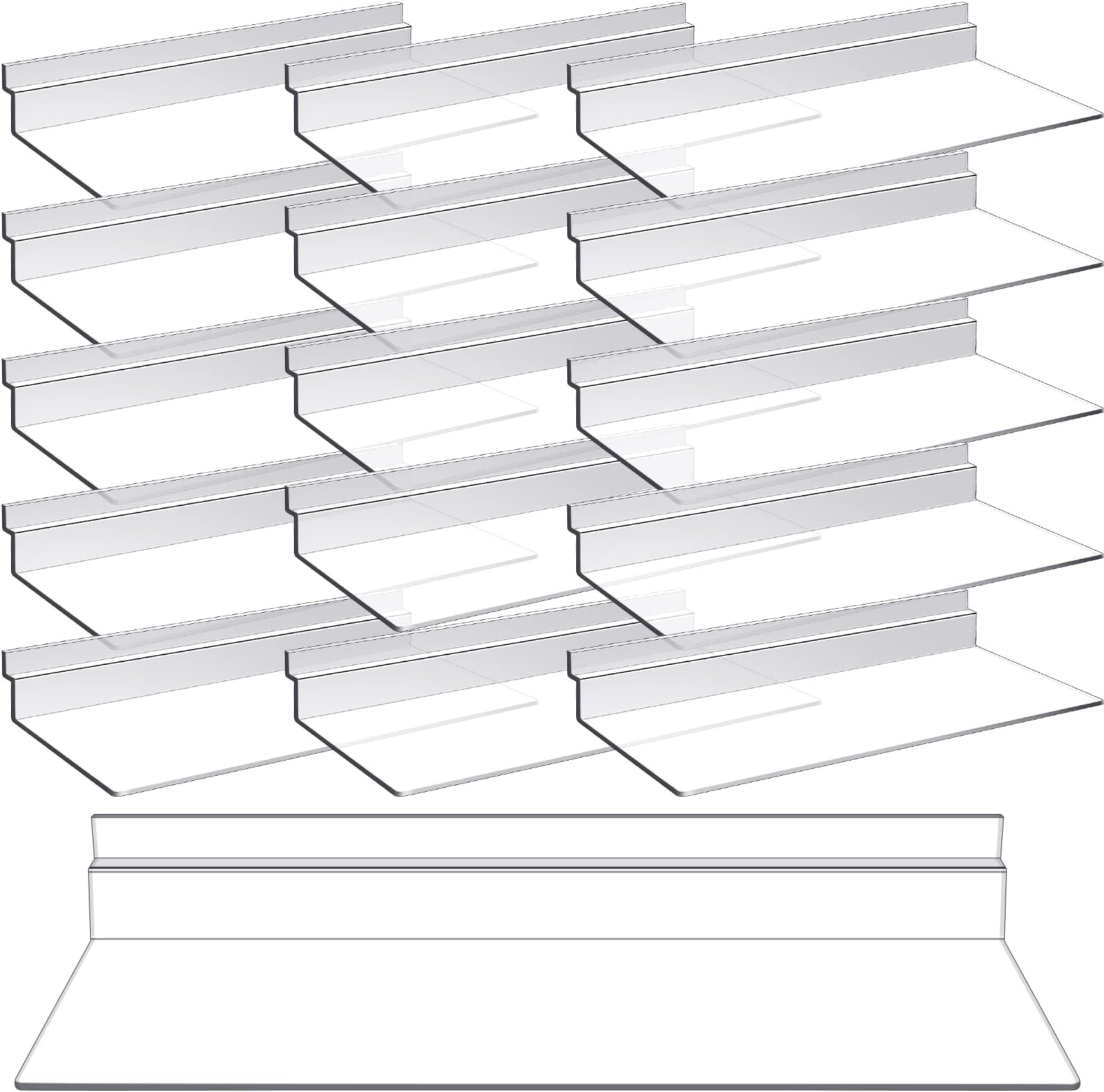 Kathfly 16 Pack 4 x 10 Inch Slatwall Shelves Hanging Accessories Clear Slatwall Shelf Plastic Shelves for Wall, Home Shoe Stores Boutiques Supplies (Clear)