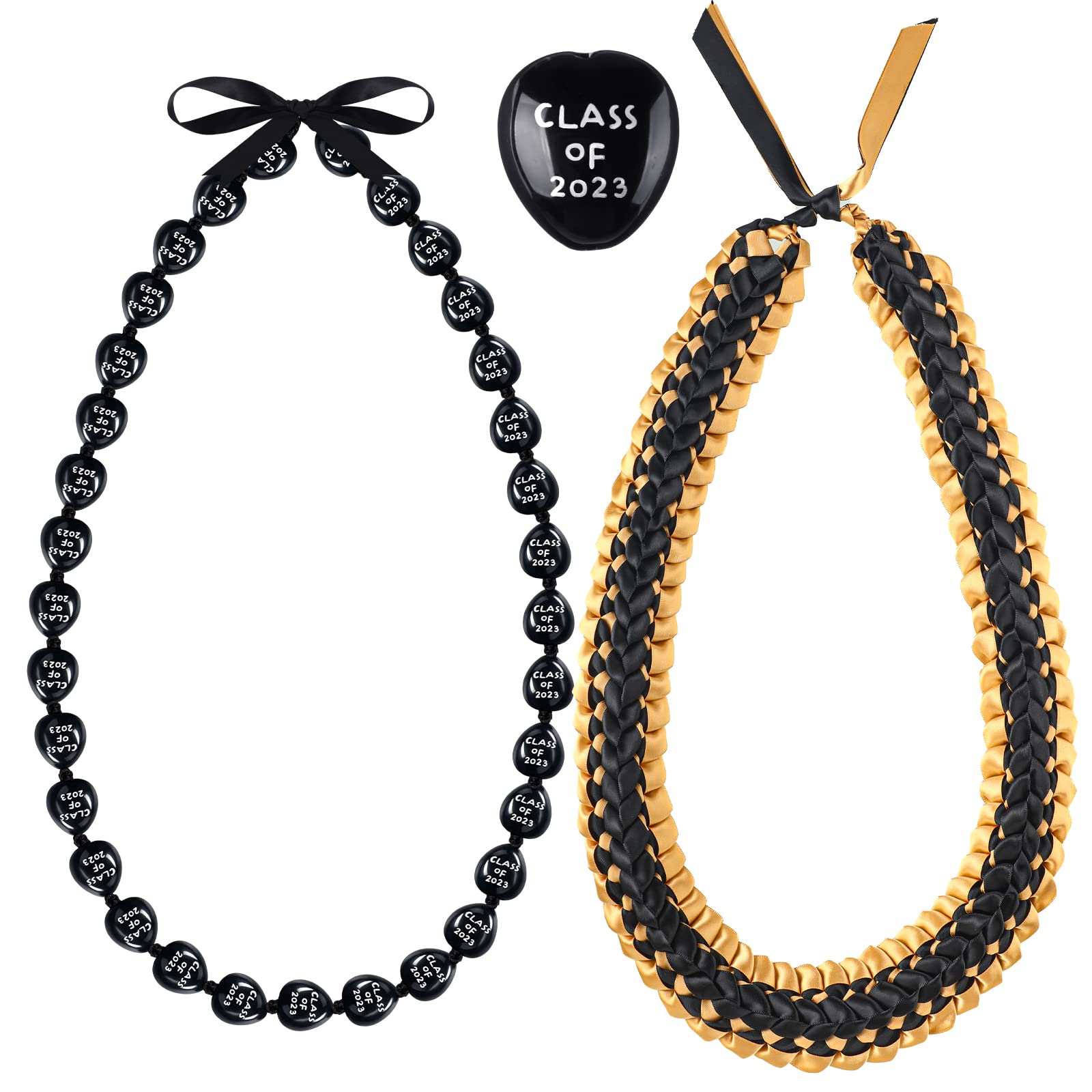 JunkinJunkin 2 Pcs Graduation Leis Class of 2025 Kukui Nut Leis Beads Necklaces Ribbon Hawaiian Necklace for Graduation Gift(Black, Gold)