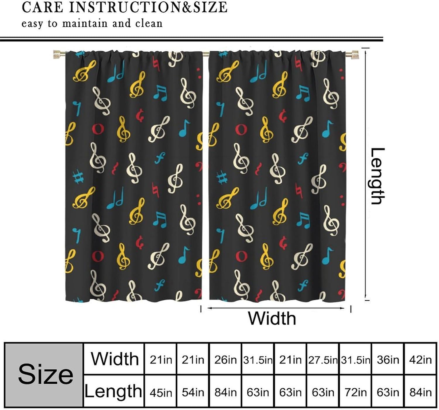 Music Note Curtains,Colorful Melodic Inspiration Musical Lifestyle Rhythm Design, Rod Pocket Blackout Window Treatments for Living Room Bedroom Decor 42" W X 45" L
