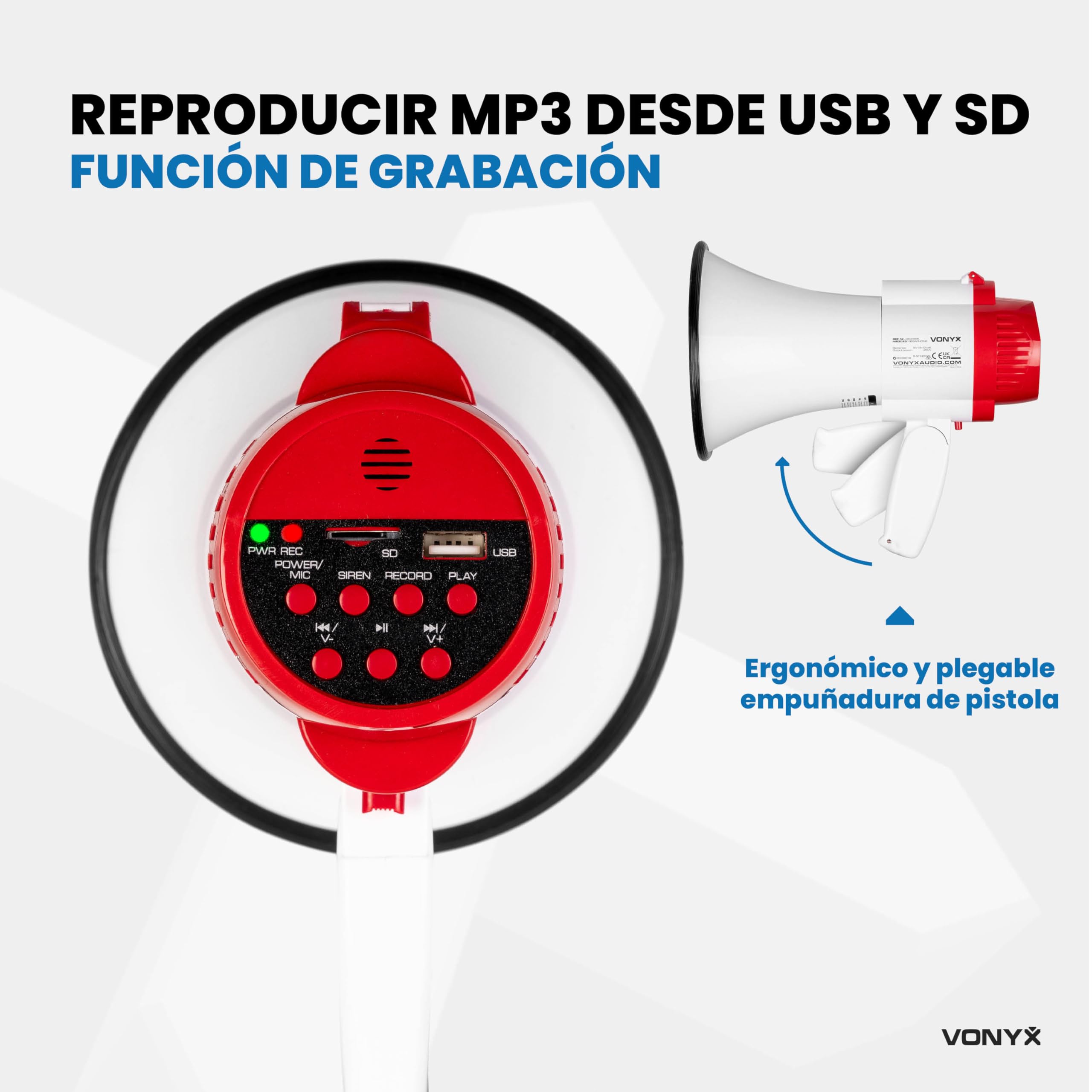 Vonyx MEG025 Megáfono Portátil con Bluetooth de 25W, 800m de Alcance, entradas USB/MicroSD, Sirena, Función de grabación, Megáfono de Mano con Batería Recargable para Eventos en Interior/Exterior
