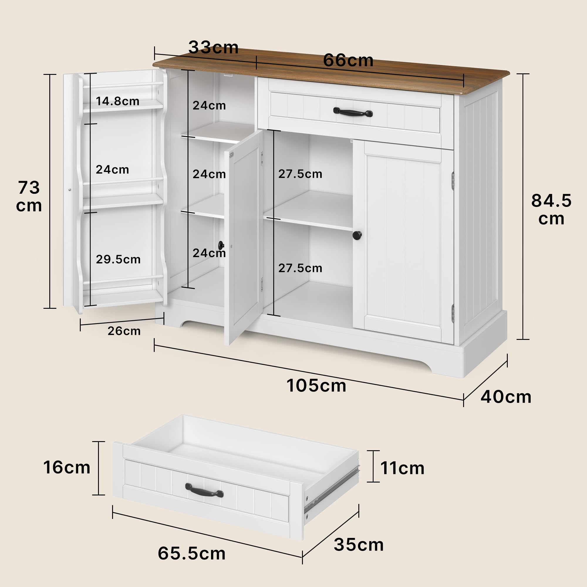 Xbro Küchenschrank mit 1 Schublade, 3-stufigem Türregal und großem Stauraum, Buffetschrank mit Kippsicherung und abgerundeten Ecken, für Küche, Wohnzimmer oder Schlafzimmer, 84 cm hoch,Vintage