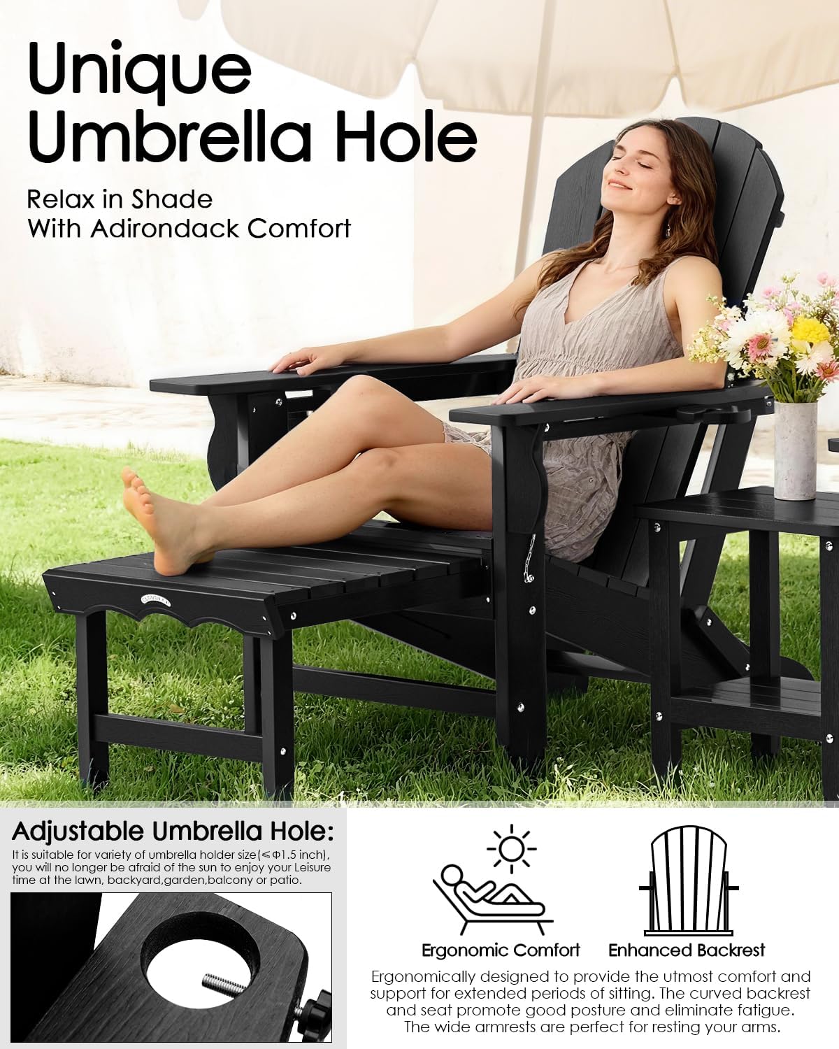 Folding Adirondack Chair with Ottoman, Recyclable HDPE Adirondack Patio Chair with 2 Cup Holder, Outdoor Fire Pit Chairs with Pull Out Footrest, Weather Resistant for Garden, Deck, Poolside,Black