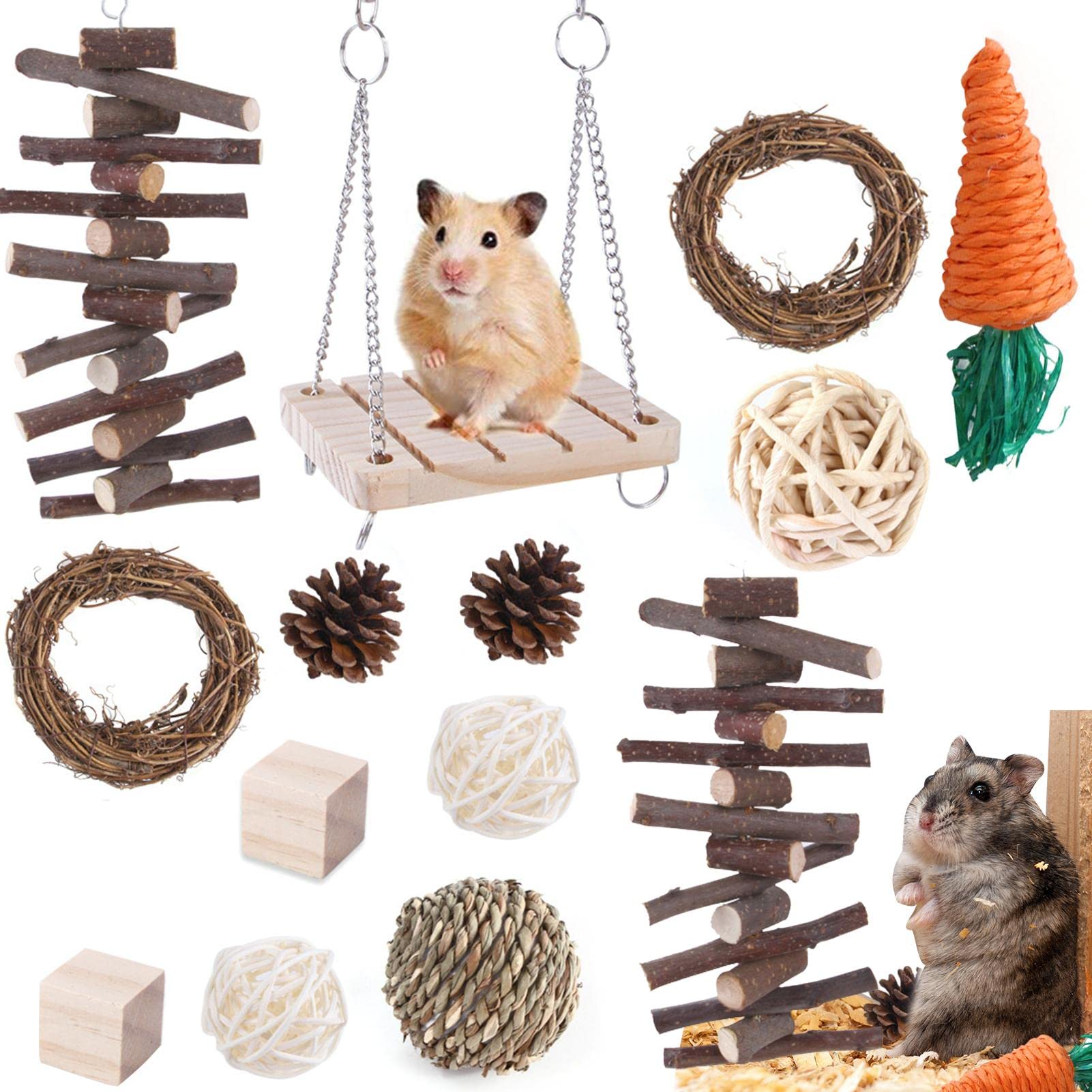 13-Piece Set Hamster Chew Toy Set,Wooden Hamster Chews - Wooden Hamster Toys For Chewing, Guinea Toys And Accessories For Cage, Small Animal Supplies