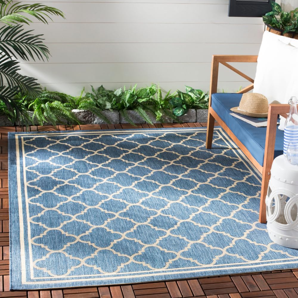 SAFAVIEH Washable Rug Outdoor Courtyard Collection - 5'3" x 7'7", Blue & Beige, Non-Shedding & Easy Cleaning, Ideal for Patio, Backyard, Mudroom (