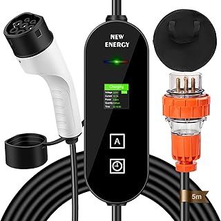 Type 2 EV Charger 32A 7KW, Single Phase EV Home Charger 8A-32A Adjustable Current with Portable Carry Bag/LCD Display/3 PI...