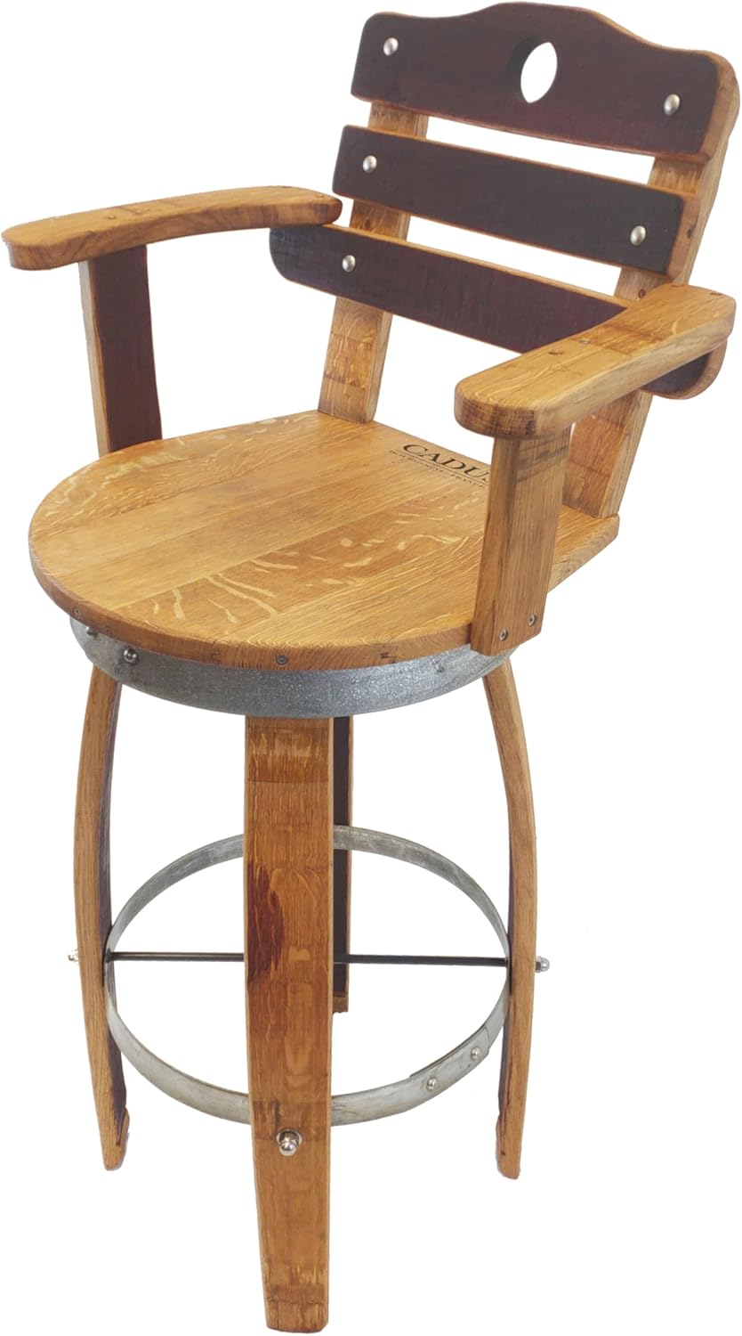 Swivel Top Wine Barrel Bar Stool with Stave Backrest Wine Barrel Furniture Rustic 24" Sit Height, Regular Leg Style (Brown Color Facing Outside)