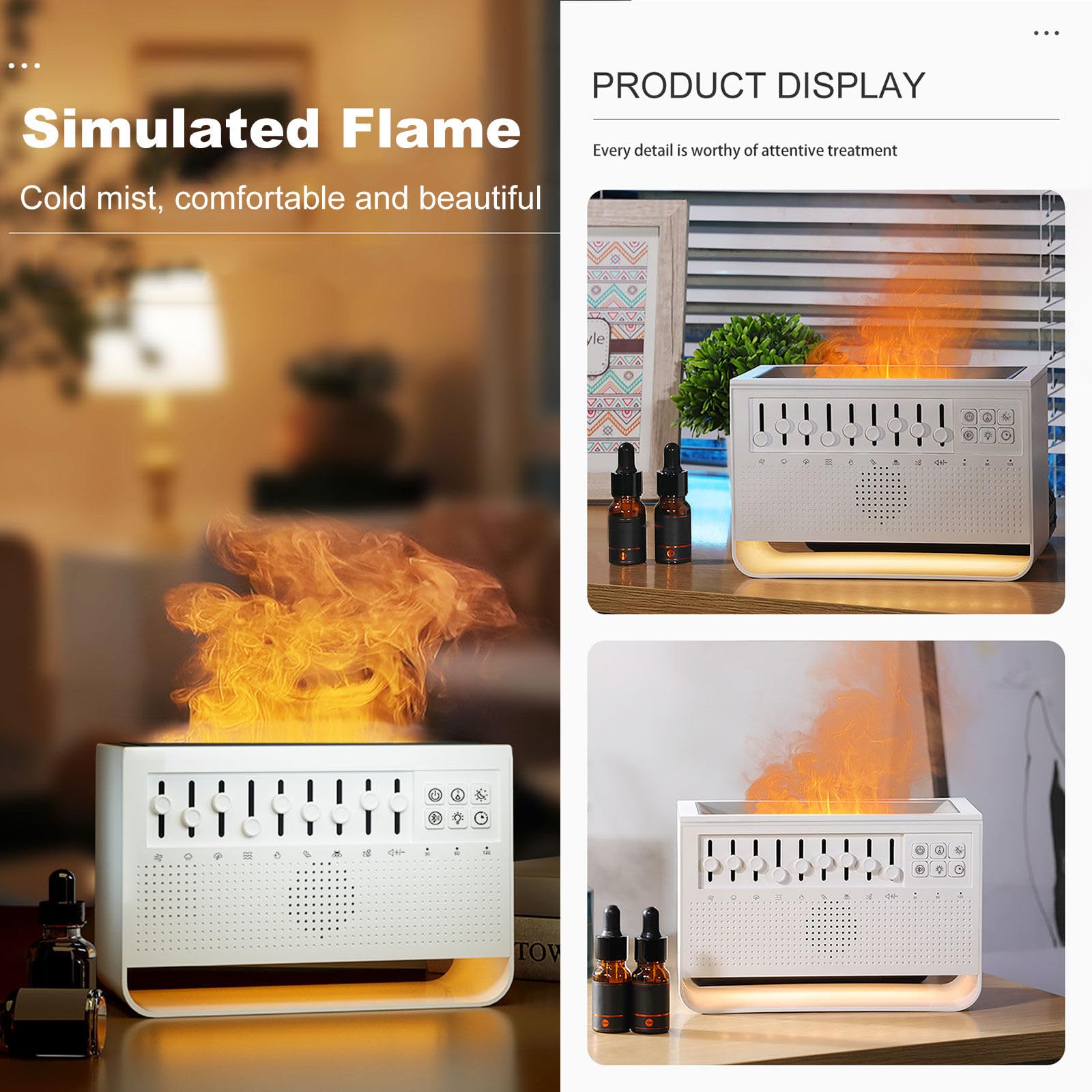 Difusor de Aceites Esenciales, Moderno Diseño 3 en 1, Simular Llama Humidificador Aceites Esenciales, Agregar Agua Encima, Humificador de Aromas, con Luz Nocturna, Reproductor Bluetooth