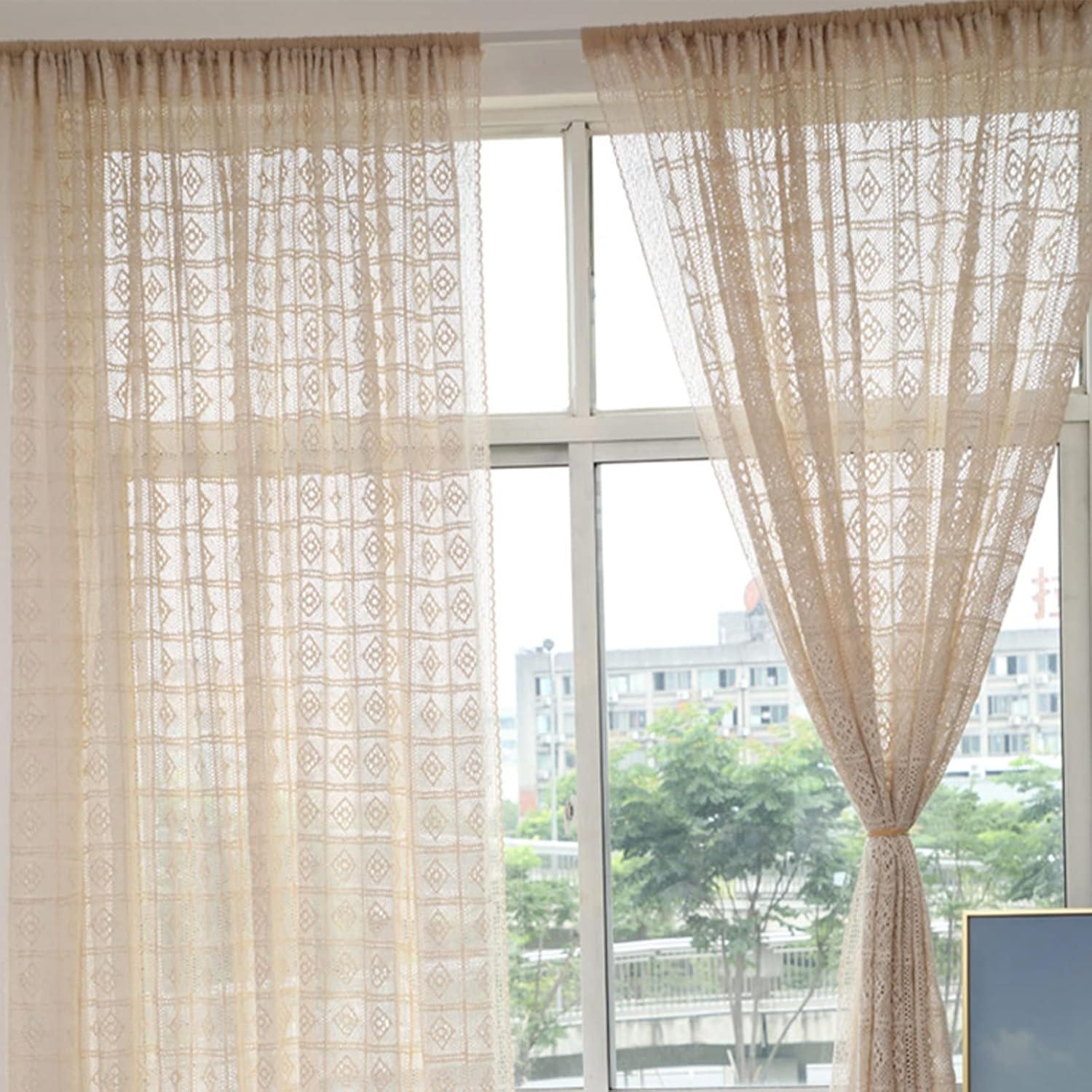 YIZUNNU Beige Boho Curtain, Crochet Knitting Curtains,Vintage Geometric Lace Drapes,Semi Blackout Window Curtain,Rod Pocket Window Treatment for Bedroom Living Room (1 Panels 71"x102"/180x260cm)