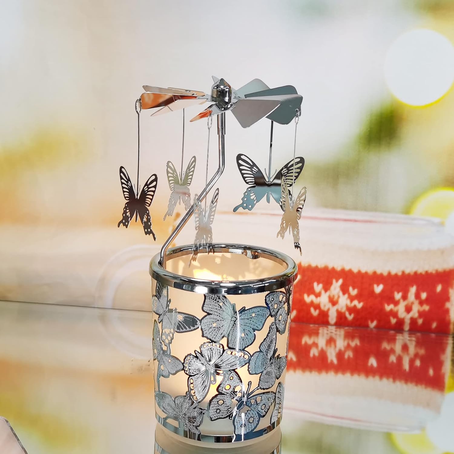 kingnero Carousel Candle Rotary Candle Holder Spinning Candleholder Metal Tea Light Candlestick for Home Decor (Silver Butterfly)