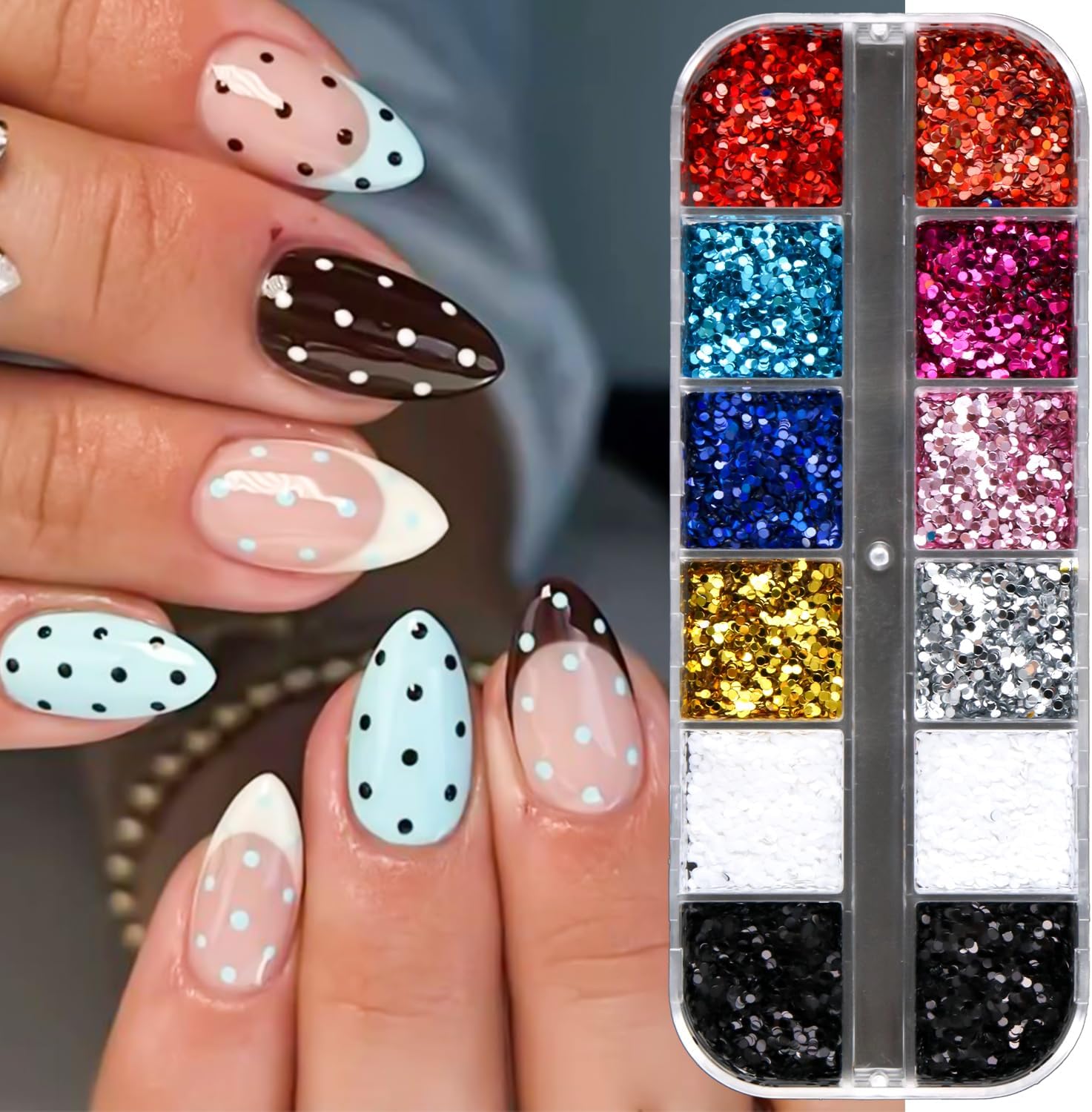 Mini Round Nail Art Glitter Sequin Set - 12 Colors Polka Dot Nail Glitter Flakes Paillette 3D French Tip Stickers Nails Dotting Tool for DIY Nail Art, Painting & Design