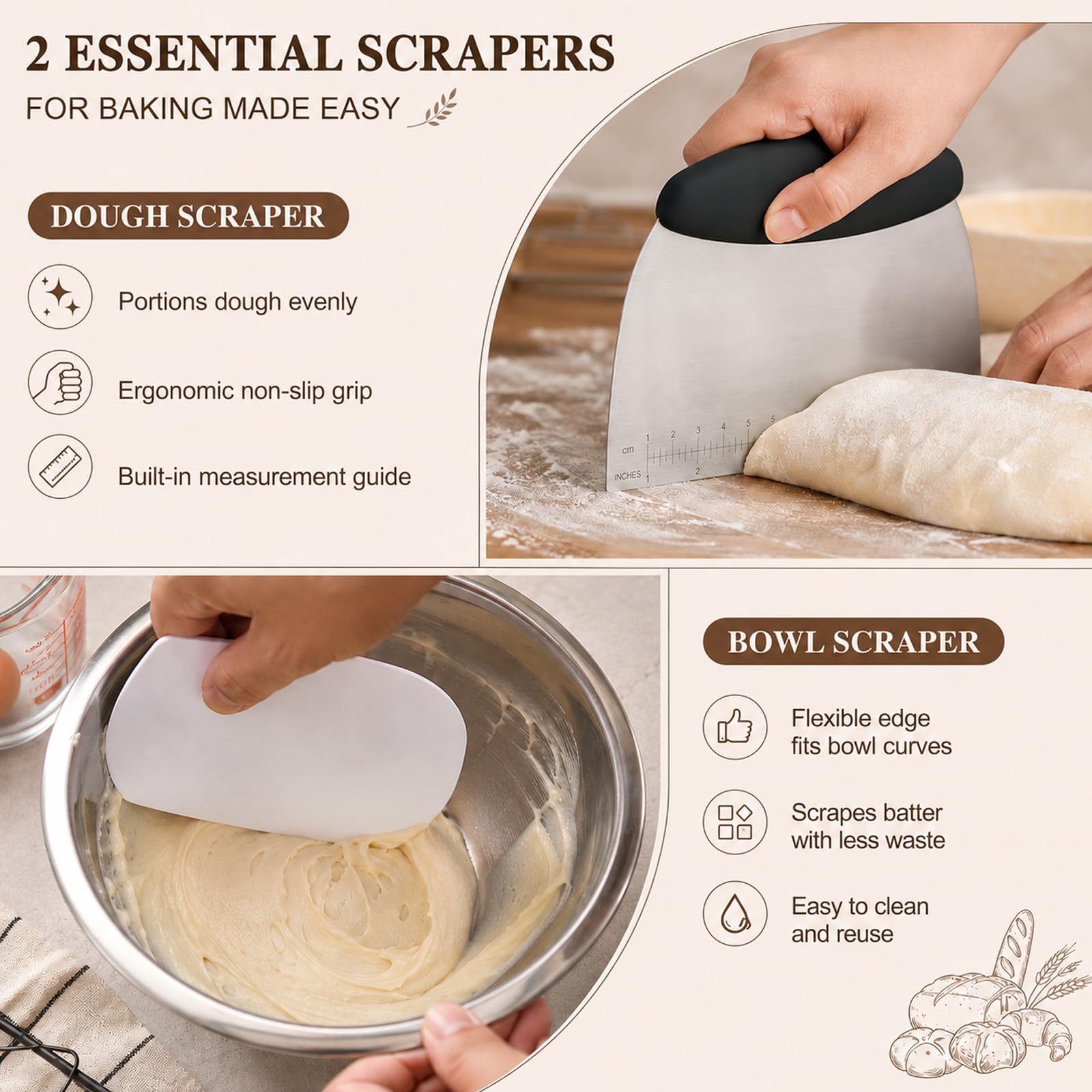 Carehabi Set de cesta de fermentación XXL y juego de iniciación de masa madre – 2 cestas de fermentación (redondas 23 cm y ovaladas de 25 cm), cristal de fermentación con termómetro, raspador de masa