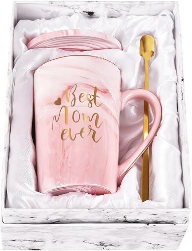 YHRJWN Mothers Day Gifts for Mom, Best Mom Ever Coffee Mug, Mom Birthday Gifts from Daughter Son, Moms Gift Idea for Christmas, Valentines Day, Present for Moms Mothers, 14 Oz Pink