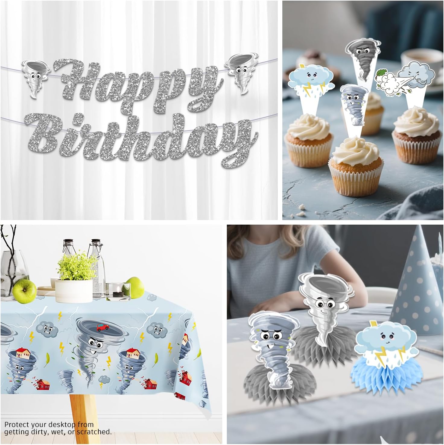 Xynic 196Pcs Tornado Birthday Party Decorations Boy Tableware Set with Plates and Napkins, Serves 25, Tornado Balloons, 2 Tablecloths, and Banner, for Tornado Party Decorations