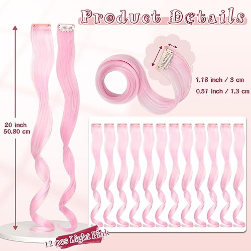 Miniatura 3 de Extensiones de cabello de colores, 12 piezas de 20 pulgadas, extensiones de cabello rosa claro con clip, arco iris, para fiesta, largo, ondulado,