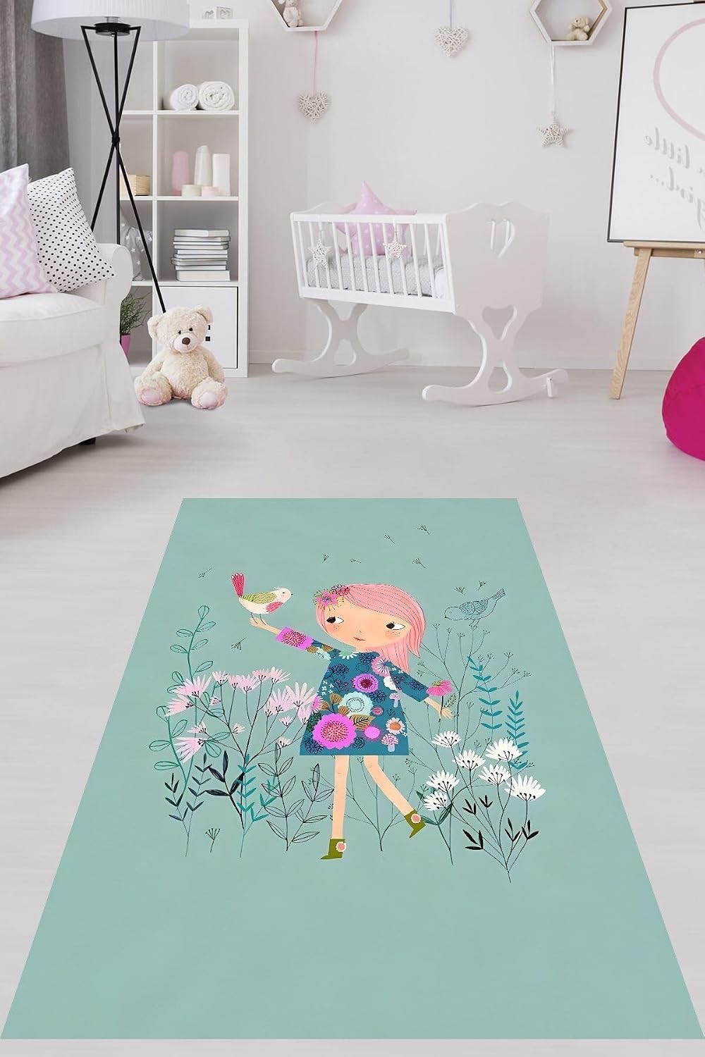 Pelangi Kızın Elindeki Kuş Bahar Desen Yıkanabilir Kaymaz Taban Leke Tutmaz Çocuk Odası Halısı, Yeşil 120 x 160