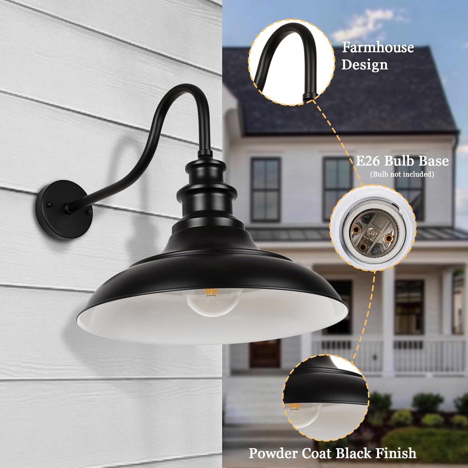 Rosient Exterior Farmhouse Barn Light, 16 Inch Vintage Outside Garage Light Fixtures, 3PCS Anti-Rust Waterproof Outdoor Light for Patio Frontdoor Entryway Doorway, Matte Black Black White3 NO Dusk to Dawn