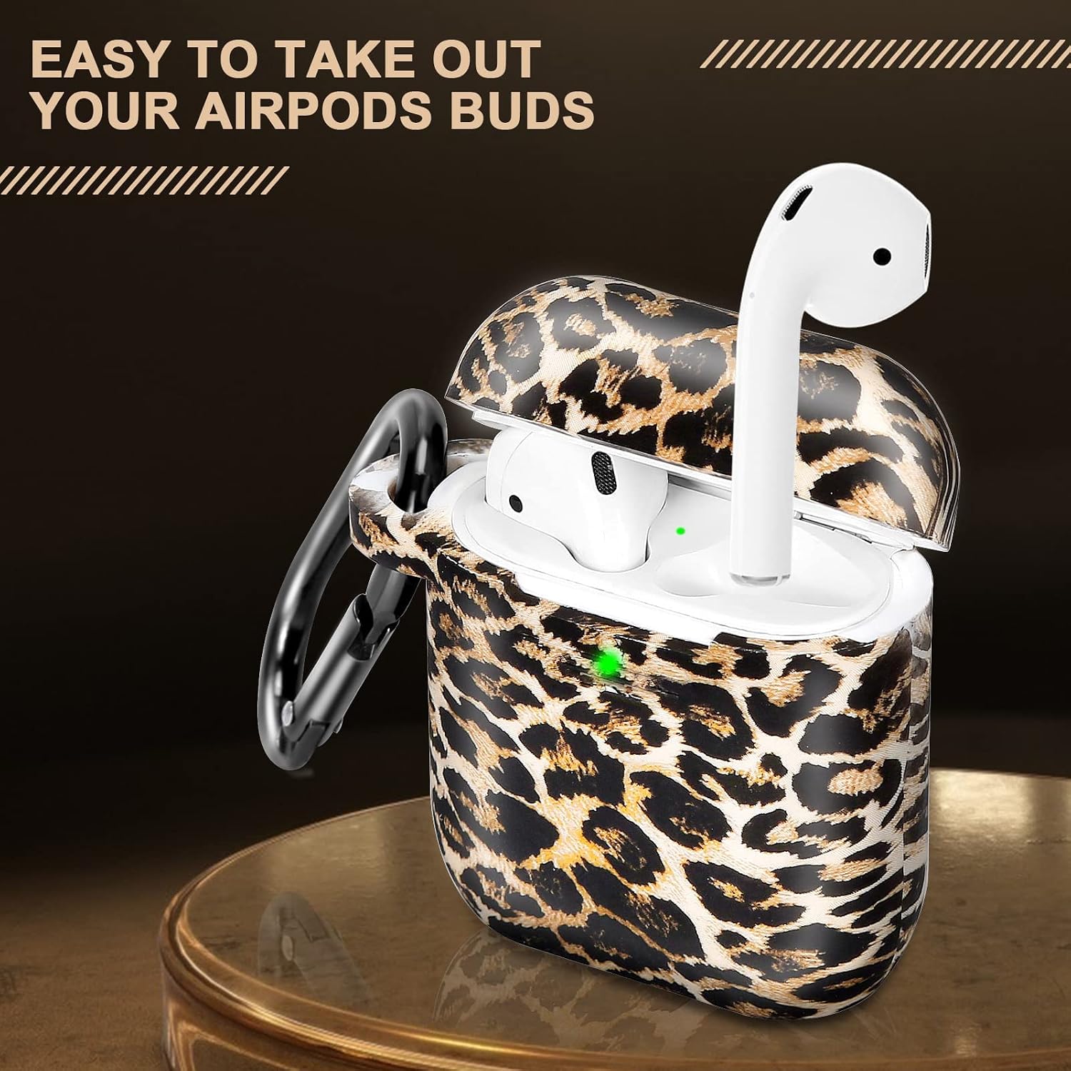 R-fun AirPod Case Cover with Keychain, Soft Floral Printed Silicone Protective Case Cover for Women Girl with Apple AirPods 2nd 1st Generation Charging Case, Front LED Visible, Brown Leopard