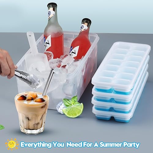 Miniatura 10 de Bandeja de silicona para cubitos de hielo, paquete de 4 bandejas de 14 cubitos de hielo flexibles y de fácil liberación con tapa extraíble