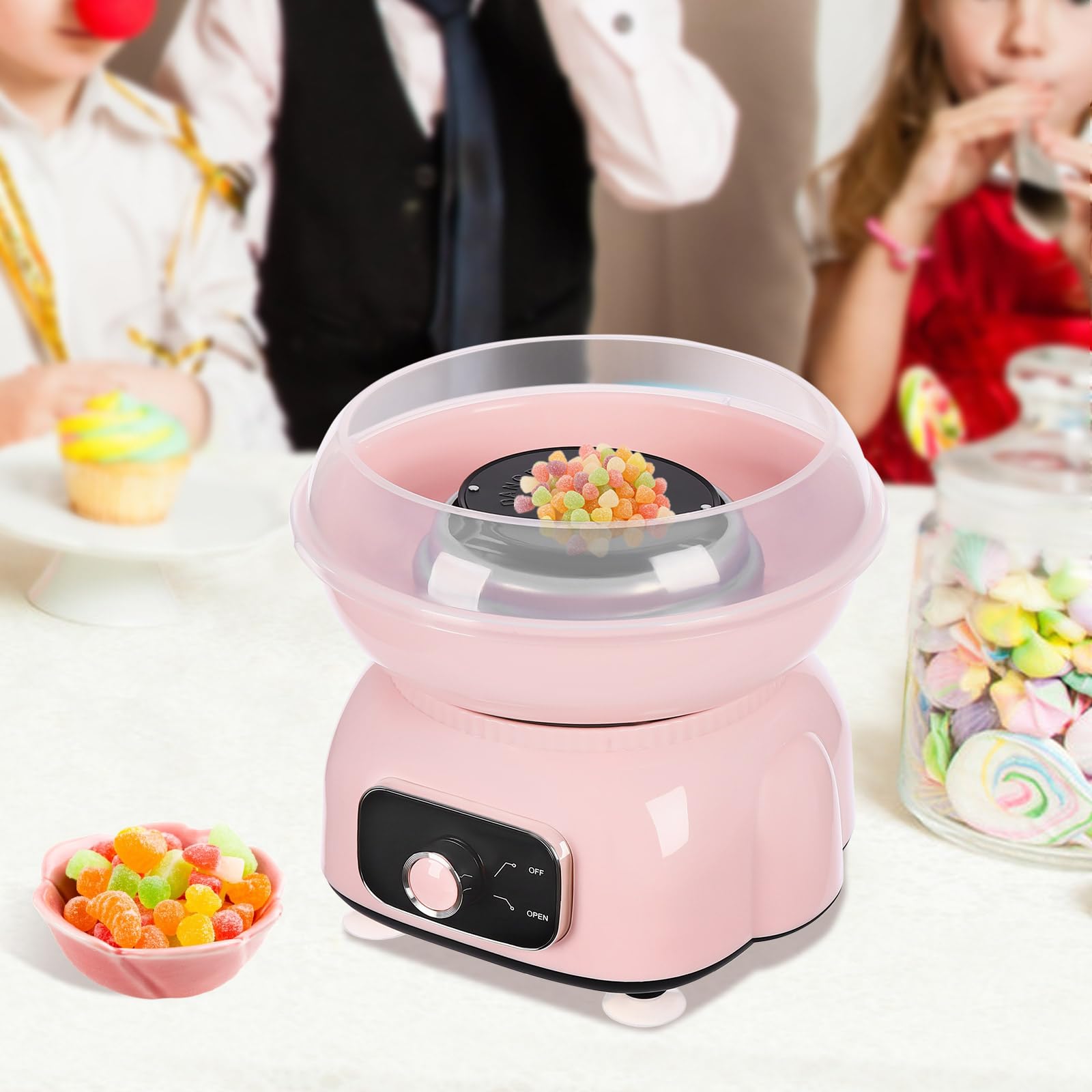 Zuckerwattemaschine für Zuhause, Niedlich Zuckerwatte Maschine Einfache Bedienung mit 10 x Zuckerwatte Stäbchen & Messlöffel Cotton Candy Machine für Kindergeburtstag verschiedene Partys 500W