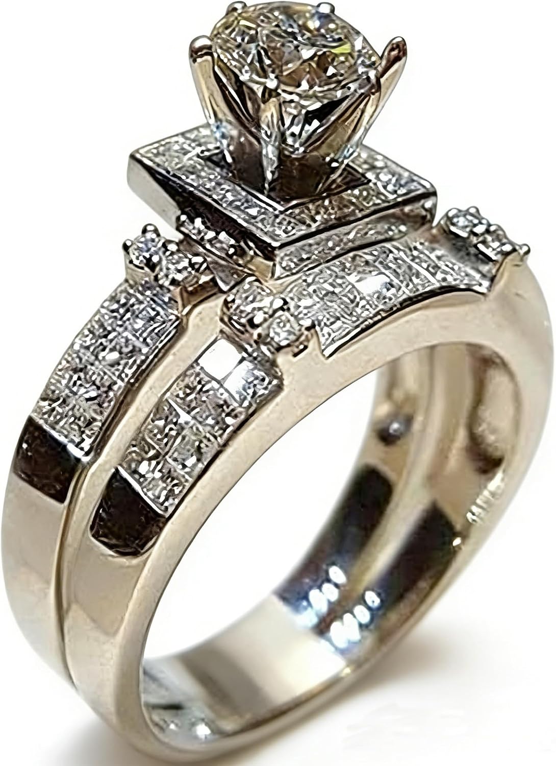 Chic Women White CZ Silver Ring Set Wedding Engagement Jewelry Vintage Style Two Piece Wedding Engagement Bridal Set Ring Band Round CZ 925 Sterling Silver