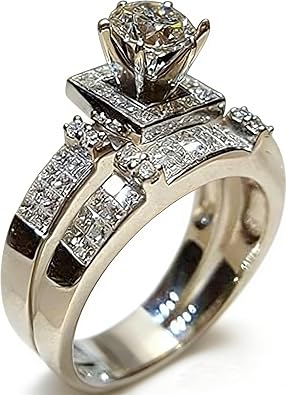 Chic Women White CZ Silver Ring Set Wedding Engagement Jewelry Vintage Style Two Piece Wedding Engagement Bridal Set Ring Band Round CZ 925 Sterling Silver