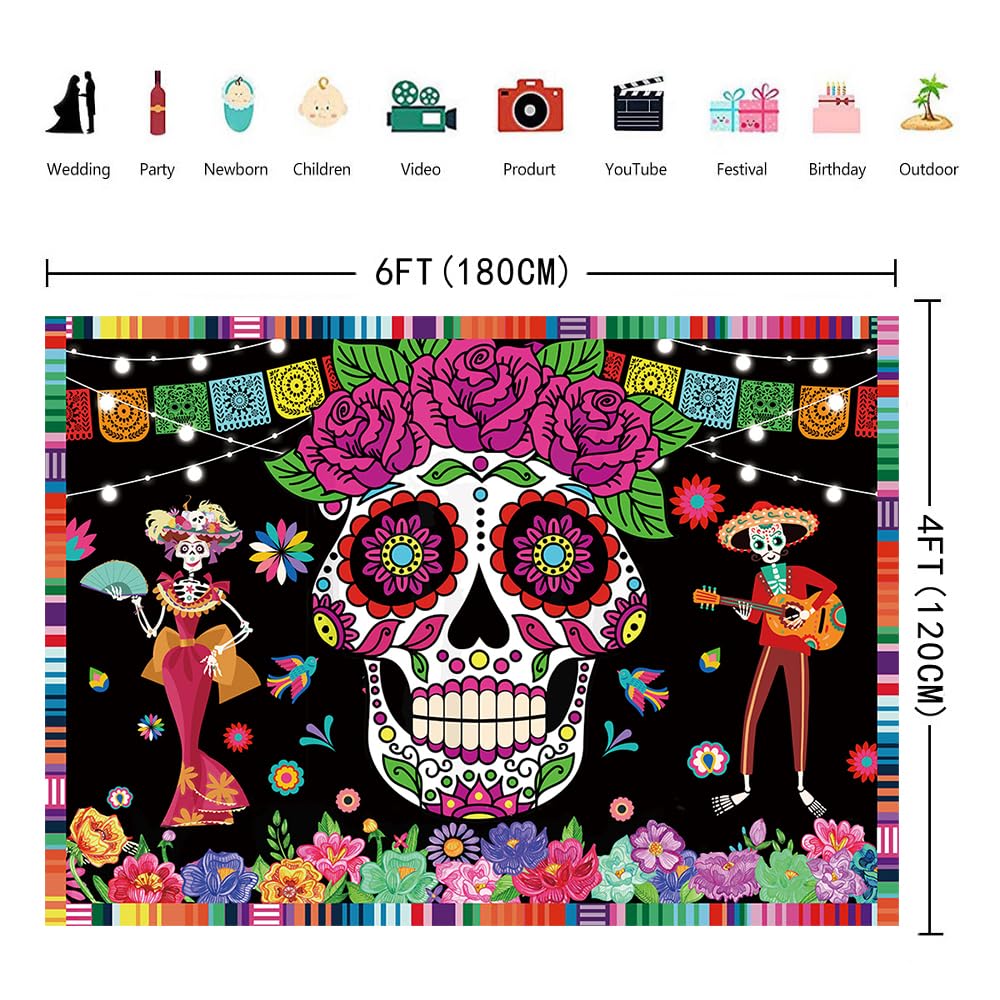 INRUI Giorno dei Morti Fotografia Sfondo messicano Dia De Los Muertos Fiesta Teschio di zucchero Party Decorazioni Sfondo (1,8 x 1,2 m)
