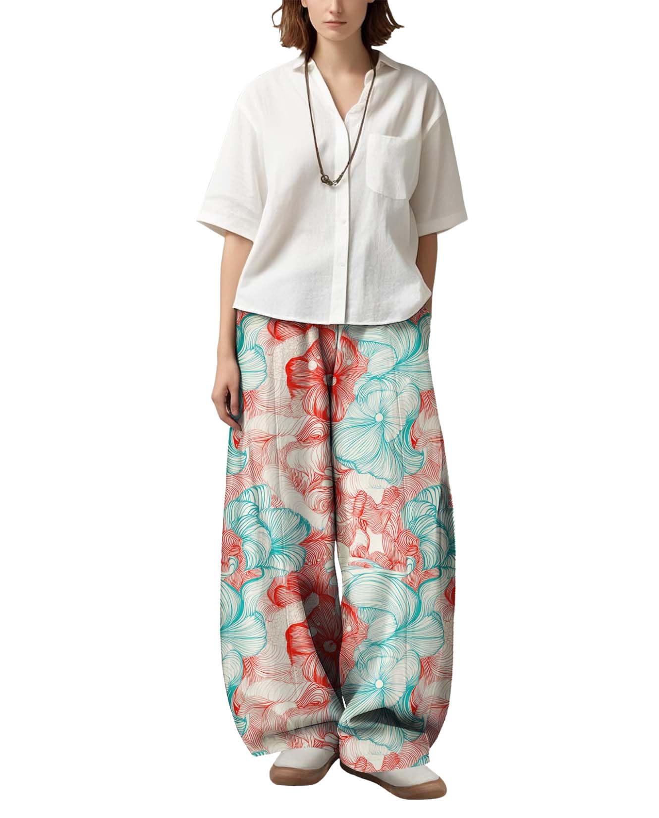Womens Boho Floral Printed Pants Elastic Waist Wide Leg Casual Trousers Loose Fit Pant with Pockets for 2025
