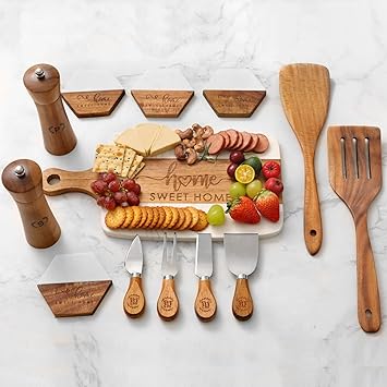 Luxury Kitchen Gift Set for Housewarming Marble Cheese Board, Acacia Wooden Grinders, Cheese Knives & Utensils, Coaster Set Elegant Charcuterie & Cooking Gift Box for Women, Couples, New Home