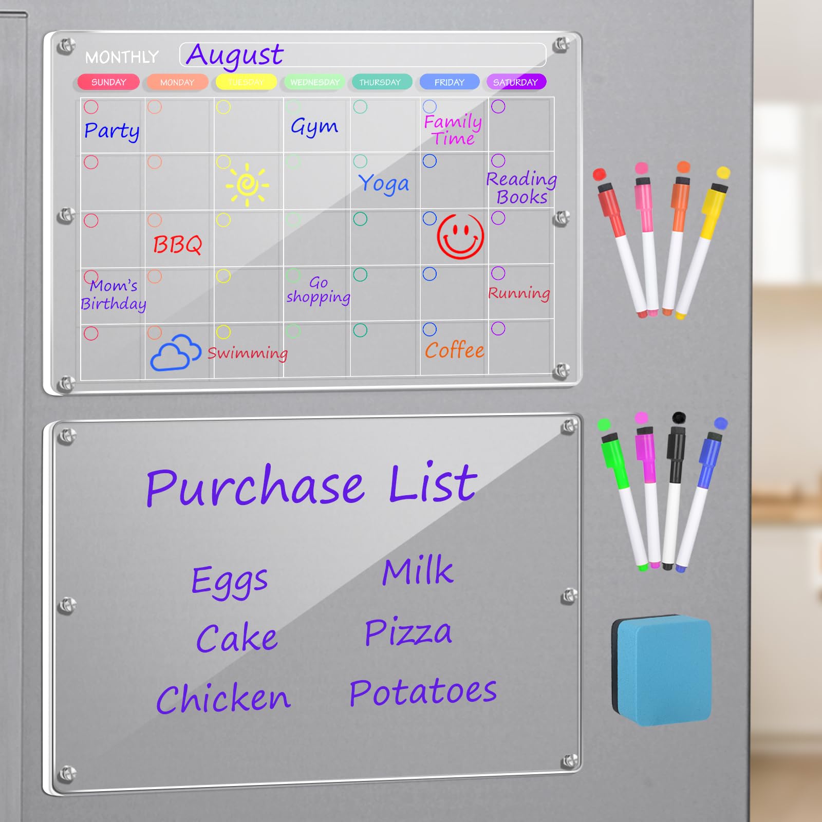 Photo 1 of Esoilga Magnetic Calendar for Fridge - 2 Pack Acrylic Clear Dry Erase Calendar Monthly & Blank Planning Boards with 8 Colors Erase Markers (17"x12")