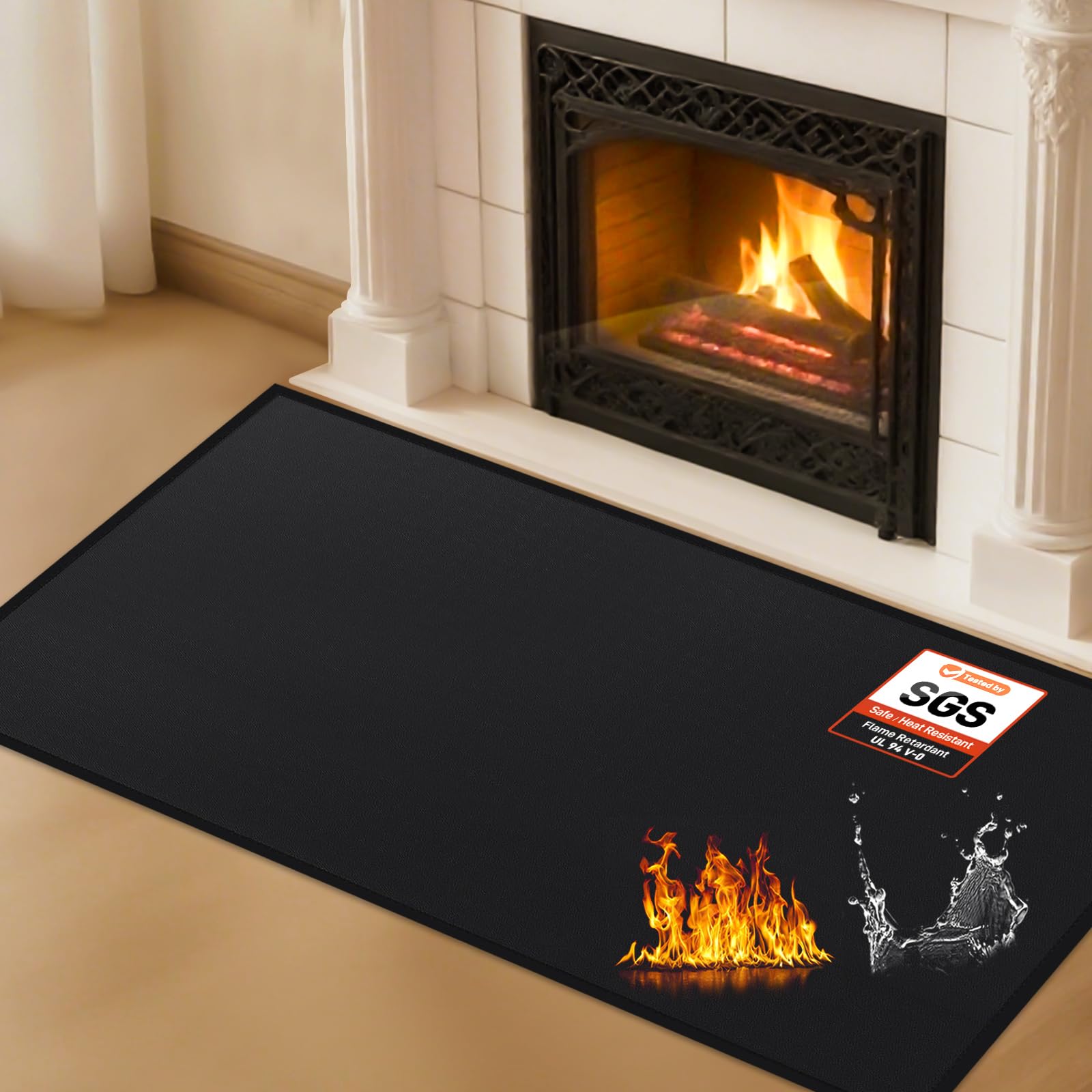 Hearth Rugs for Fireplaces Fire Resistant, 2'8'' x 1'4'' x 0.04'', Black