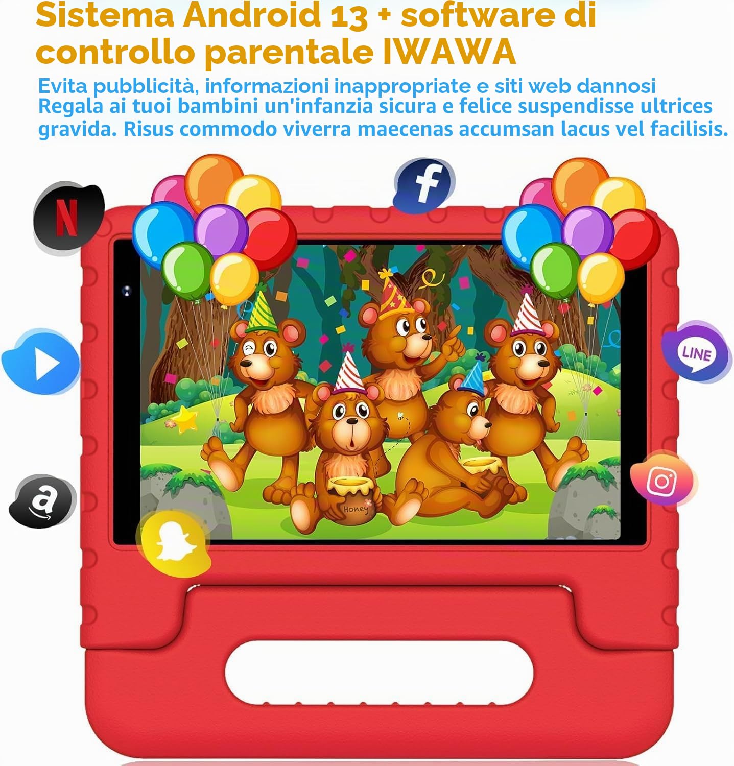 Tablet per bambini da 8 pollici, Android, 7 GB di RAM + 64 GB di ROM (1 TB TF), Wi-Fi 6, controllo parentale, schermo HD 1280×800, tablet per bambini con custodia antiurto in EVA, rossu