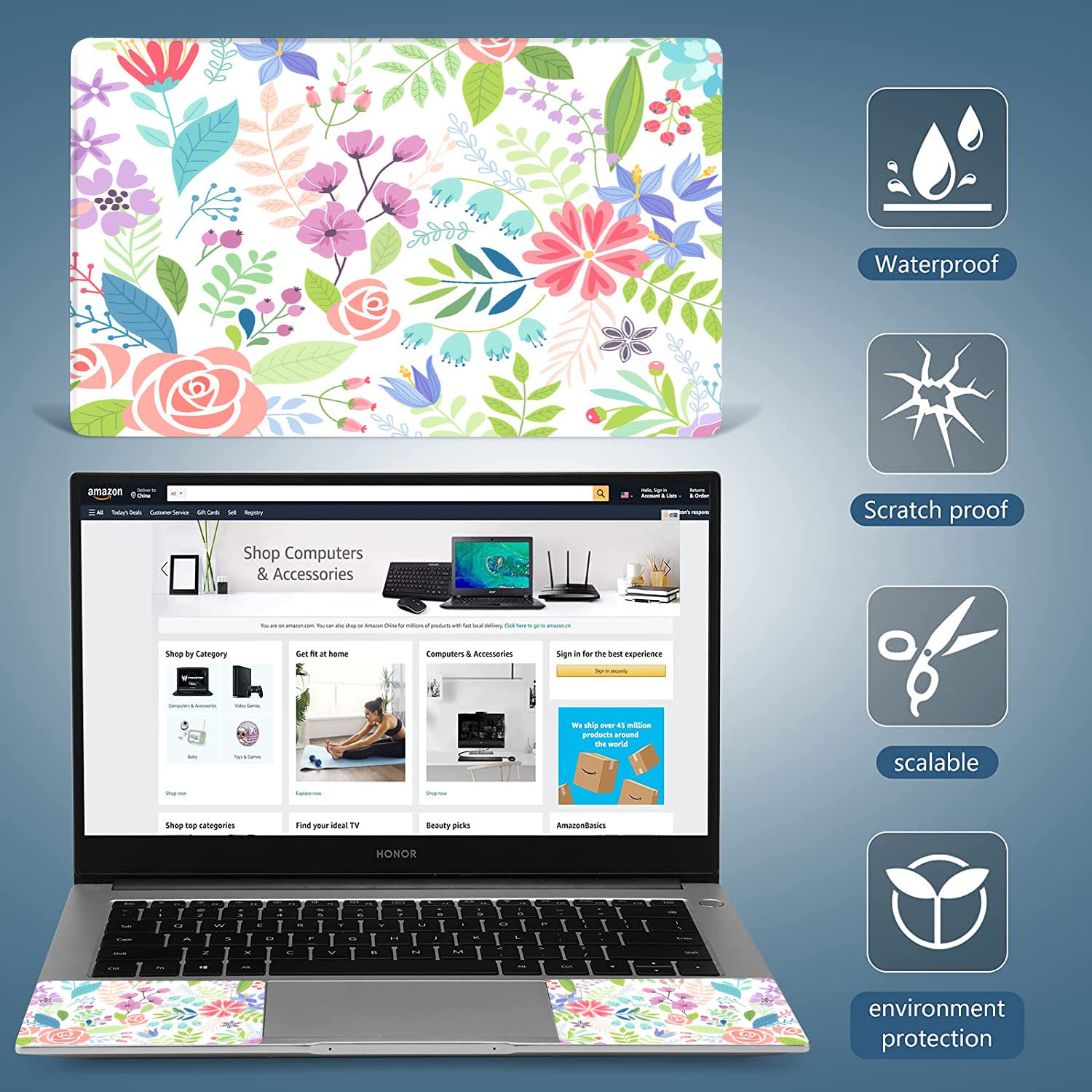 Adesivo universale per netbook, riutilizzabile, per notebook, con motivo floreale, motivo: fiori e foglie