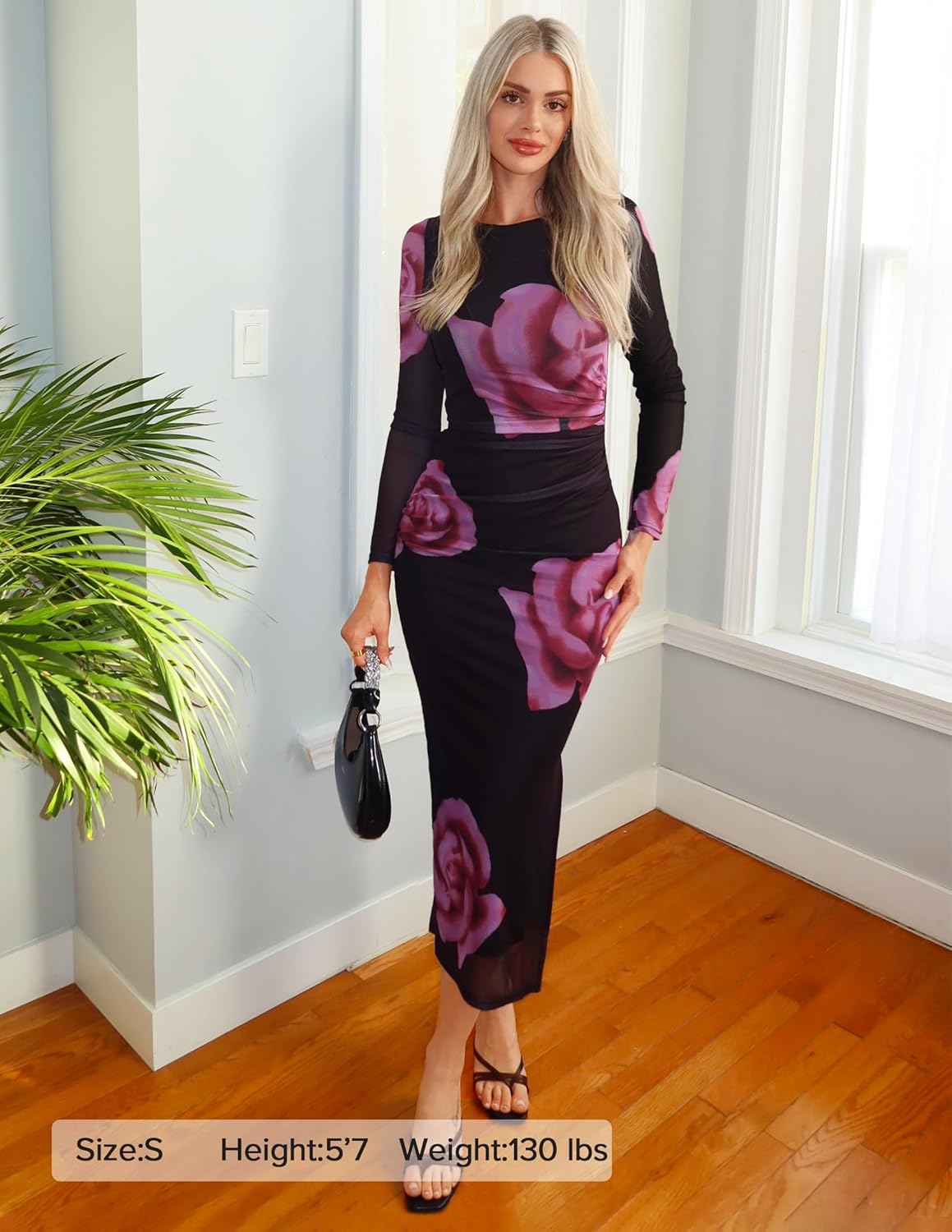 ZESICA Women's Long Sleeve Floral Maxi Dresses 2026 Fall Bodycon Crewneck Side Slit Ruched Fitted Party Long Dress - Image 6