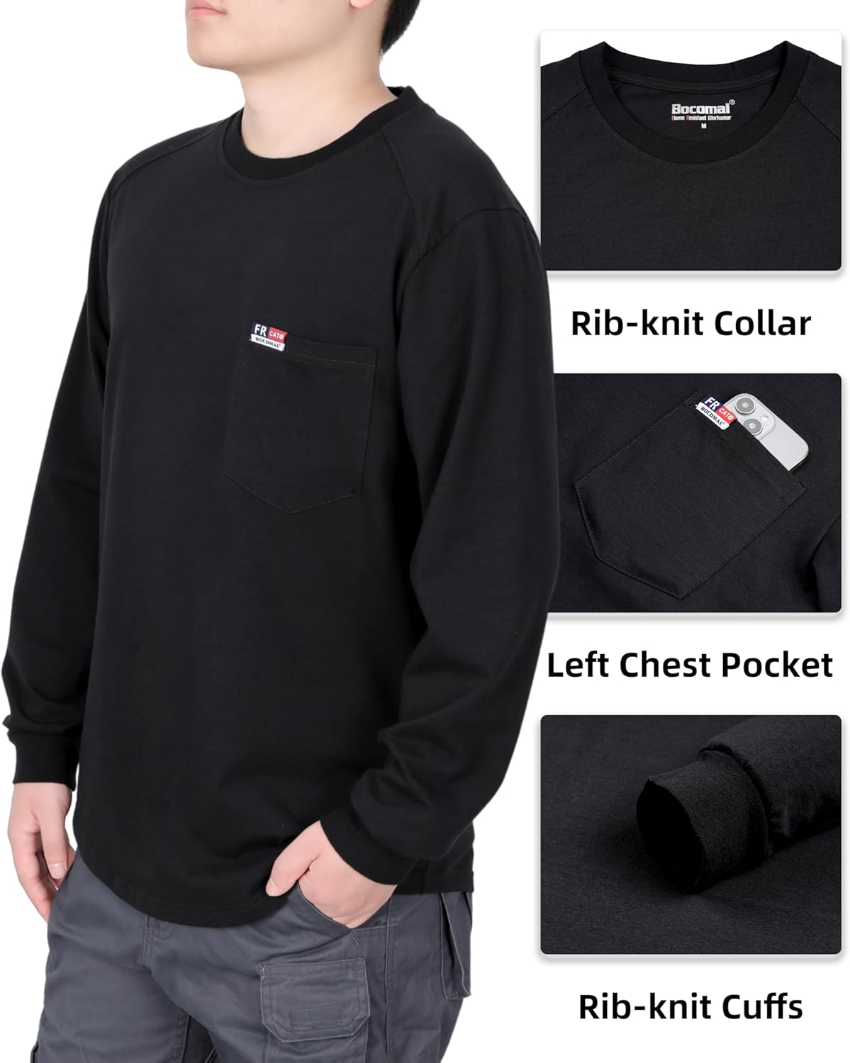BOCOMAL FR Shirts Long Sleeve Crewneck Cotton Tencel Heather Blended Flame Resistant Work T Shirt CAT2 - Image 5