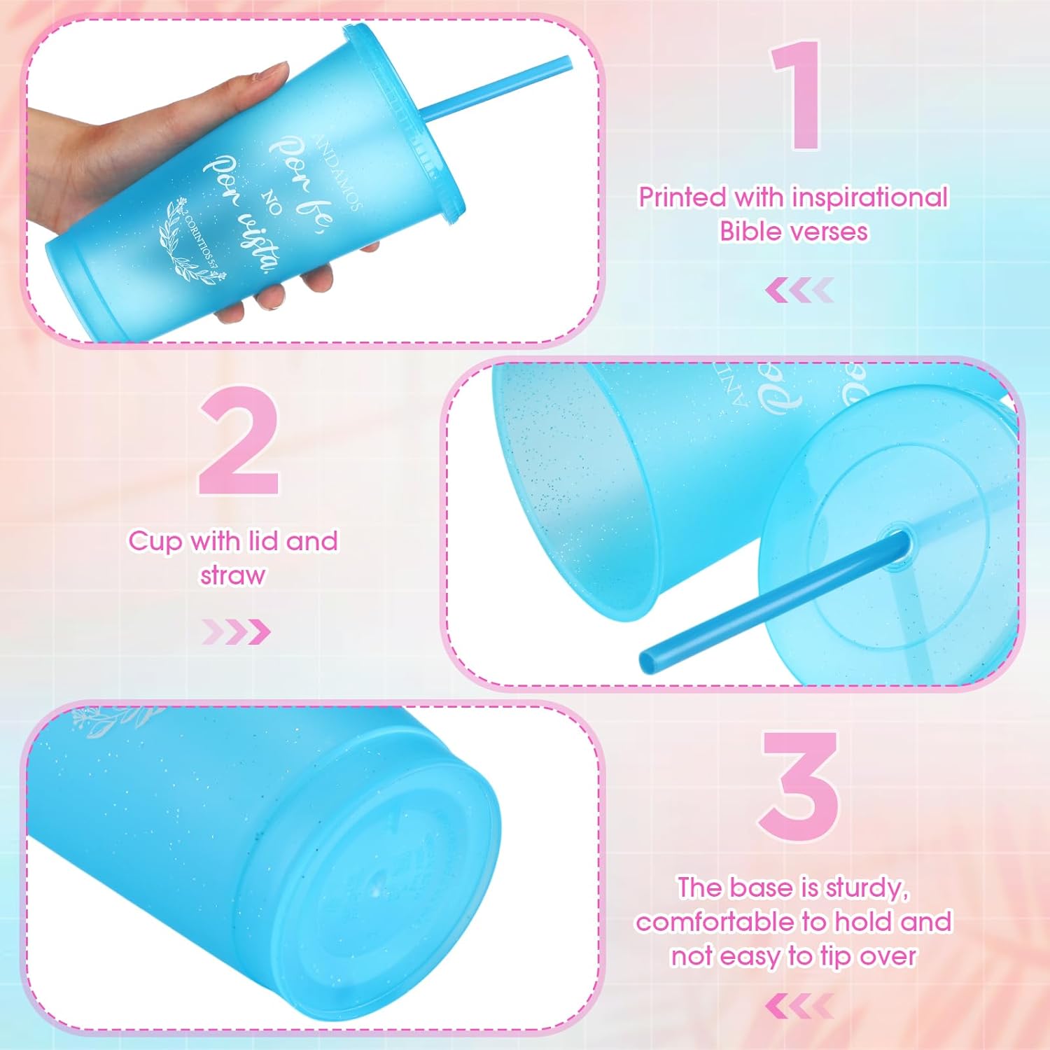 60 Packs Inspirational Christian Gift Spanish Bible Verse Cup Bulk 24oz Religious Plastic Tumbler with Lid Straw for Valentine Easter Church (Yellow,Green,Pink,Blue,Orange) - Image 4