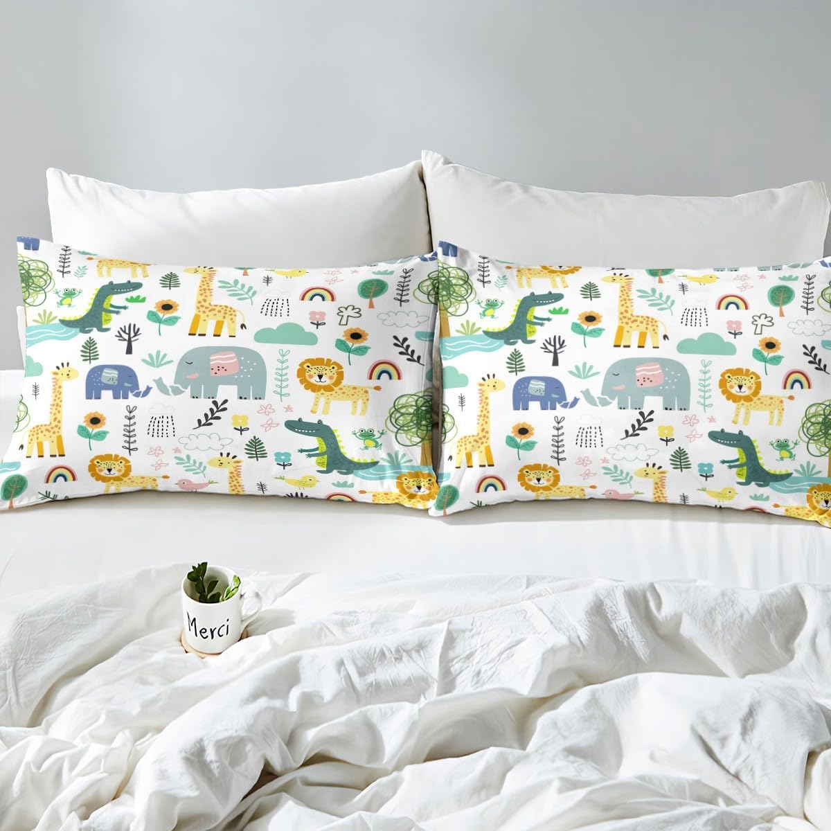 Feelyou Kids Cartoon Zoo Animal Bedding Set Toddler Size, Elephant Lions Duvet Cover Kawaii Giraffe Crocodile Comforter Cover for Kids Jungle Animal Bedspread Cover with 1 Pillow Case (No Comforter)