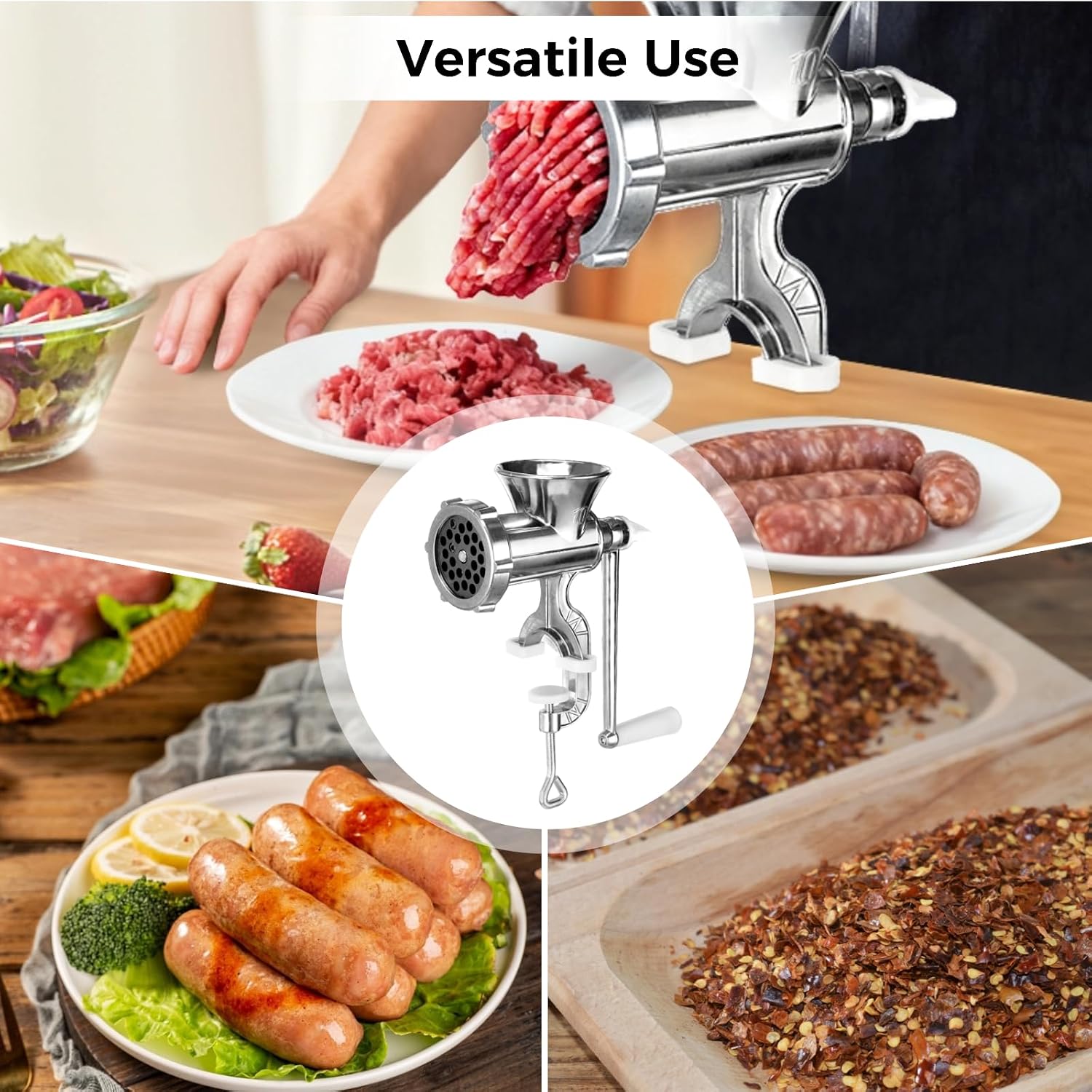 Manual Meat Grinder,304 Stainless Steel Hand Meat Grinder for Home Use, Food Grinder Manual Mincer Hand Crank with 3 Sausage Funnels, Hand Operated Kitchen Tool for Pork, Chili, and Sausage, Silver