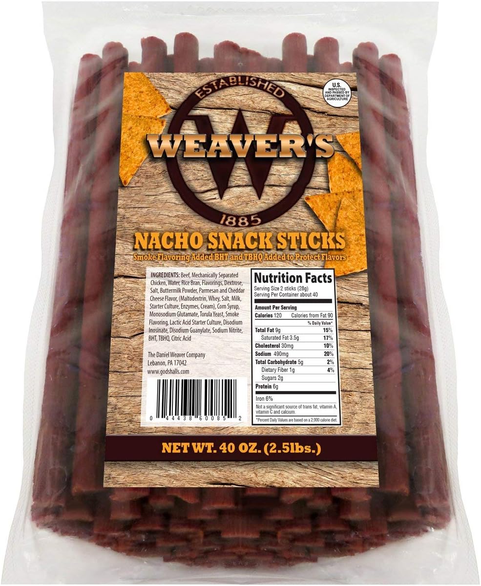 Weaver’s Nacho Snack Sticks (80 nacho flavored 6.5" beef and chicken snack sticks per 40oz bag)