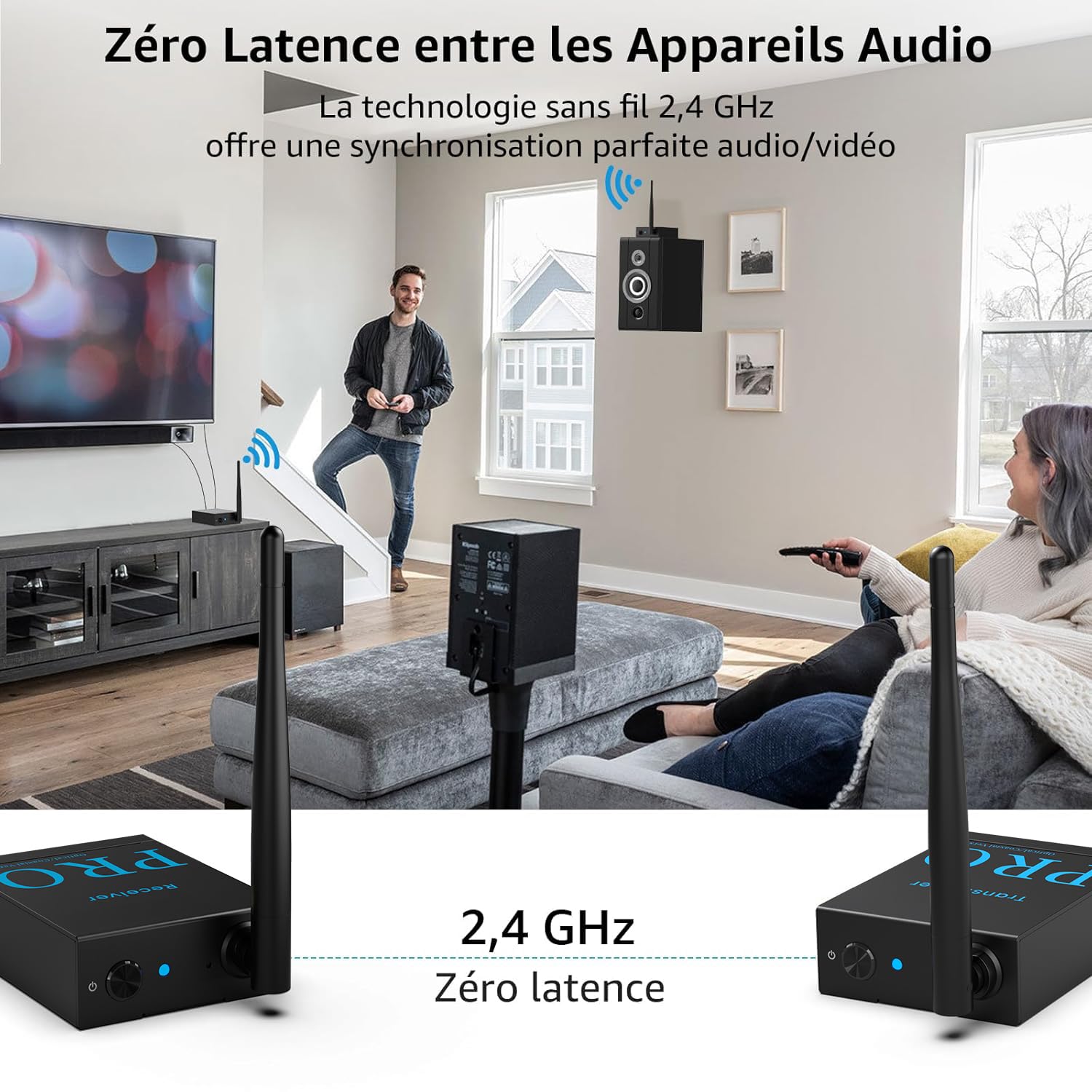 1Mii (1 TX + 1 RX) Émetteur Récepteur Audio Sans Fil, Transmission 2,4 GHz | Faible Latence, Son HiFi pour TV/PC vers Enceintes Actives/Amplificateurs/Récepteurs AV, Optique/Coaxiale/Jack 3,5 mm/RCA