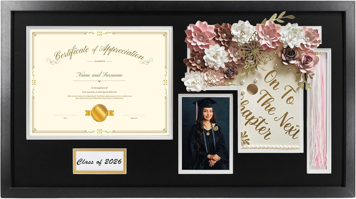 14x26 Black Shadow Box Diploma Frame with Graduation Cap & Tassel Holder for 8.5x11 Diploma and 4x6 Photo with MDF Wood and Plexiglass, White Over Black Mat for Wall, Graduation Keepsakes