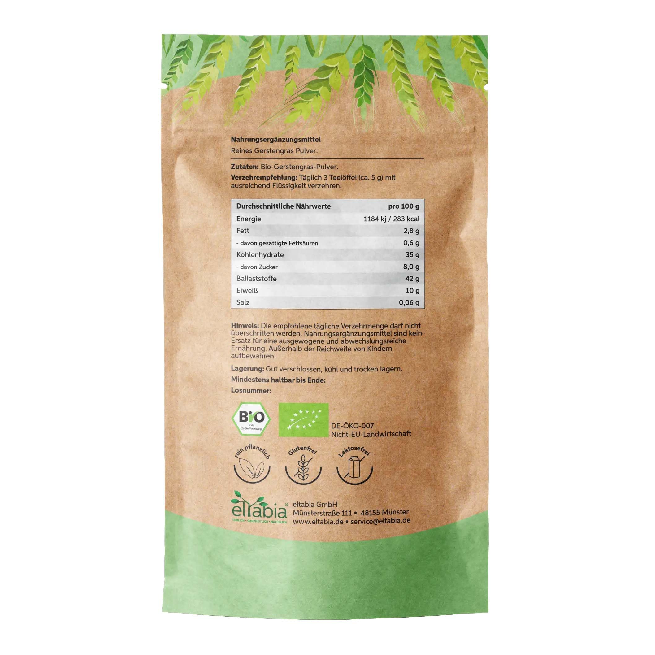 Poudre d'herbe d'orge bio moulue 1 kg | Poudre d'herbe d'orge issue de l'agriculture allemande | 100 % pure sans additifs (DE-ÖKO-007)