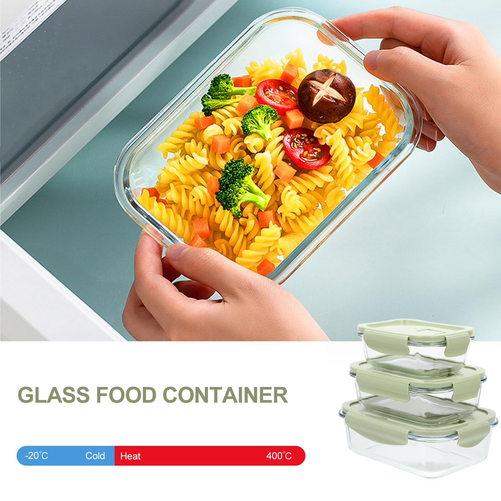 Boîte à Bento Réutilisable 3 Pièces en Verre et Pp Vert