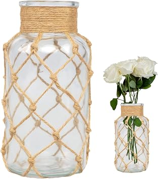 1 Pcs 500ml Clear Glass Vase Bud Vases Apothecary Jars Decorative Glass Bottles Vintage Small Glass Flower Vases with Rope Wrapping Design for Home Decor Centerpiece Wedding Party Table Vase Clear