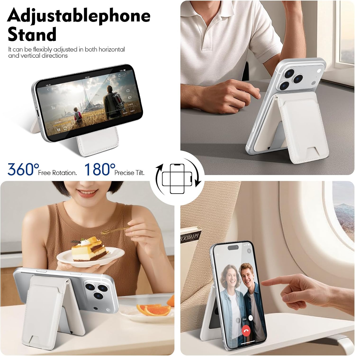 Shieldtop RFID Blocking MagSafe Wallet Stand with Card Holder,5 Card Slots & ID Window,PU Leather Magnetic Adjustable Kickstand for iPhone 12/13/14/15/16/17 Pro Max & Air Plus Series,White image 4