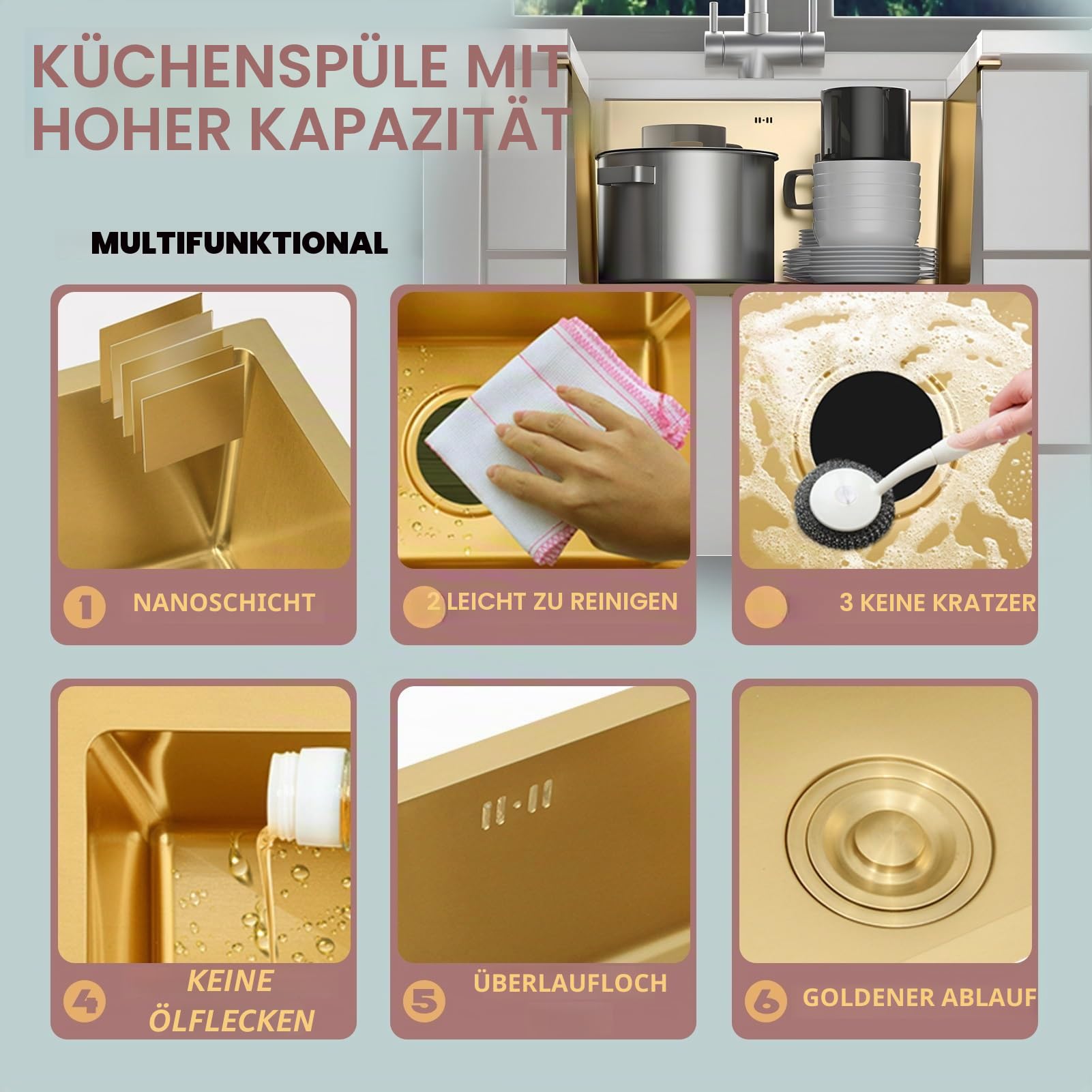 Küchenspülen, Golden Einzelspüle, 1 Becken Runden Küchenspüle/Badezimmer Spülen Aus Edelstahl In Gold, Nano Mit Abflussset, Leicht Zu Reinigen, Einbau-Unterbau/Aufbau(Gold-#b,32x32cm)