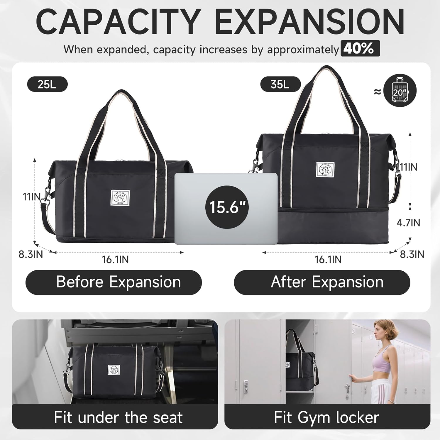 WALNEW Travel Duffel Bag, Weekender Overnight Carry On Bag for Women Men, Foldable Waterproof Gym Luggage with Metal Buckle Detachable Shoulder Strap and Wet Compartment (Black) - Image 2