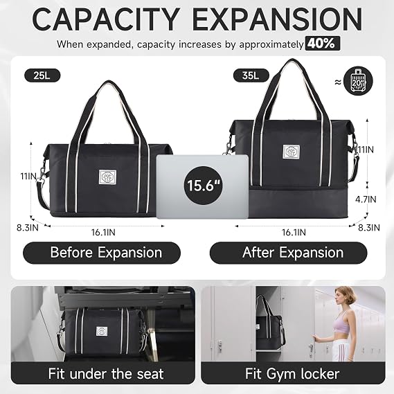 WALNEW Travel Duffel Bag, Weekender Overnight Carry On Bag for Women Men, Foldable Waterproof Gym Luggage with Metal Buckle Detachable Shoulder Strap and Wet Compartment (Black) | Overnight Carry On Bag, Foldable Waterproof Gym Luggage with Metal Buckle Detachable Shoulder Strap and Wet Compartment