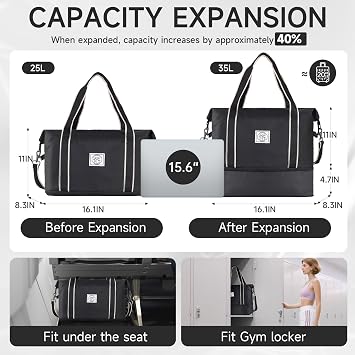 WALNEW Travel Duffel Bag, Weekender Overnight Carry On Bag for Women Men, Foldable Waterproof Gym Luggage with Metal Buckle Detachable Shoulder Strap and Wet Compartment (Black) | Overnight Carry On Bag, Foldable Waterproof Gym Luggage with Metal Buckle Detachable Shoulder Strap and Wet Compartment