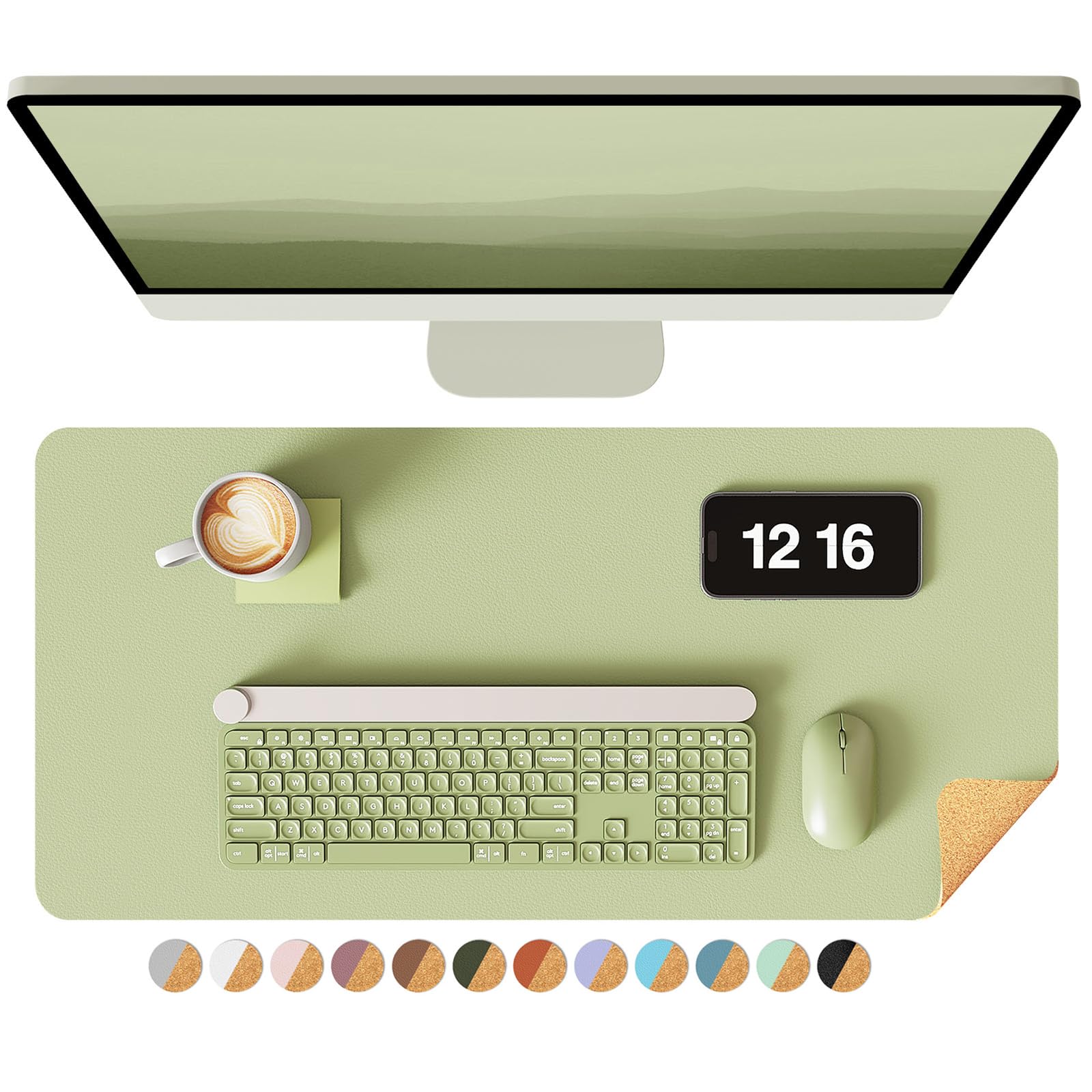 YSAGi Double-Sided Desk Pad, 23.6"x13.7" Leather Desk Mat, Eco Cork Desk Pad Protector, Large Mouse Pad for Desk, Waterproof Desk Blotter Pad, Desk Writing Pad for Office Work/Home(Matcha Green/Cork) Matcha Green/Cork 23.6"x13.7"