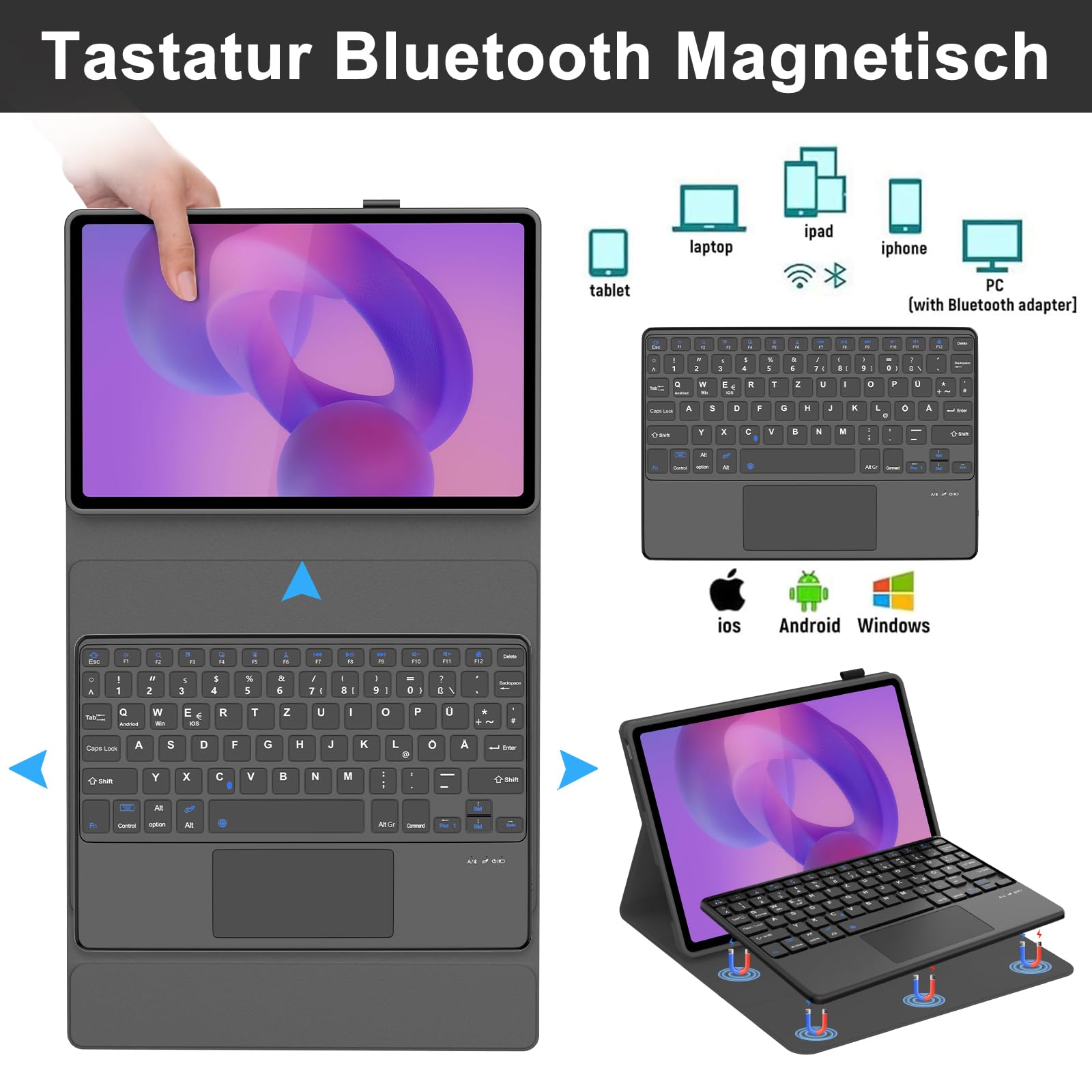 Custodia per tastiera Lenovo Idea Tab 2025 11 pollici (TB-336ZU TB-336FU) con touchpad, tastiera wireless Bluetooth per Lenovo Tab M11 11 pollici 2024, magnetica rimovibile con layout Qwertz, nero